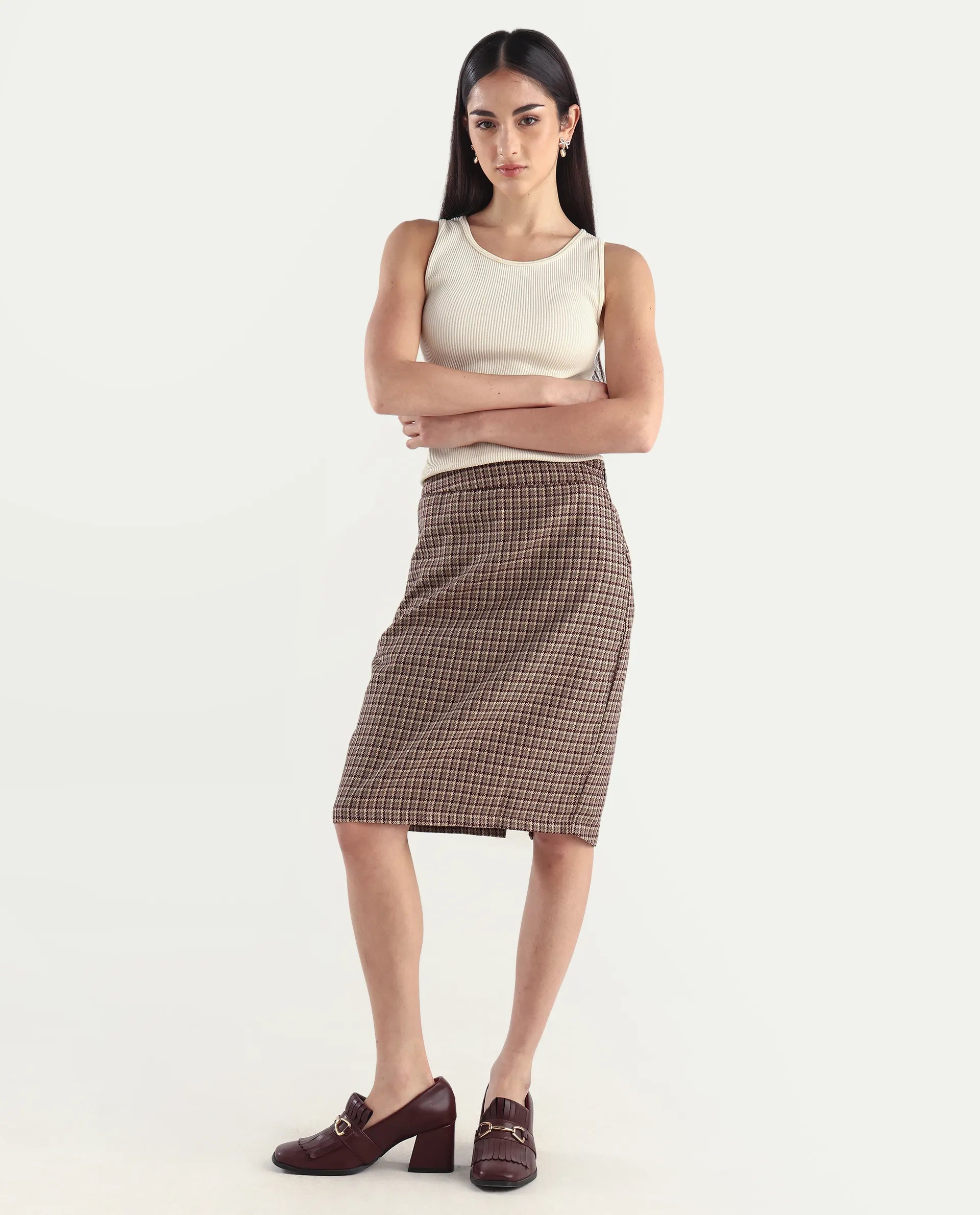 Rareism Women's Paltiu Brown Cotton Blend Checked Mini Regular Fit Skirt