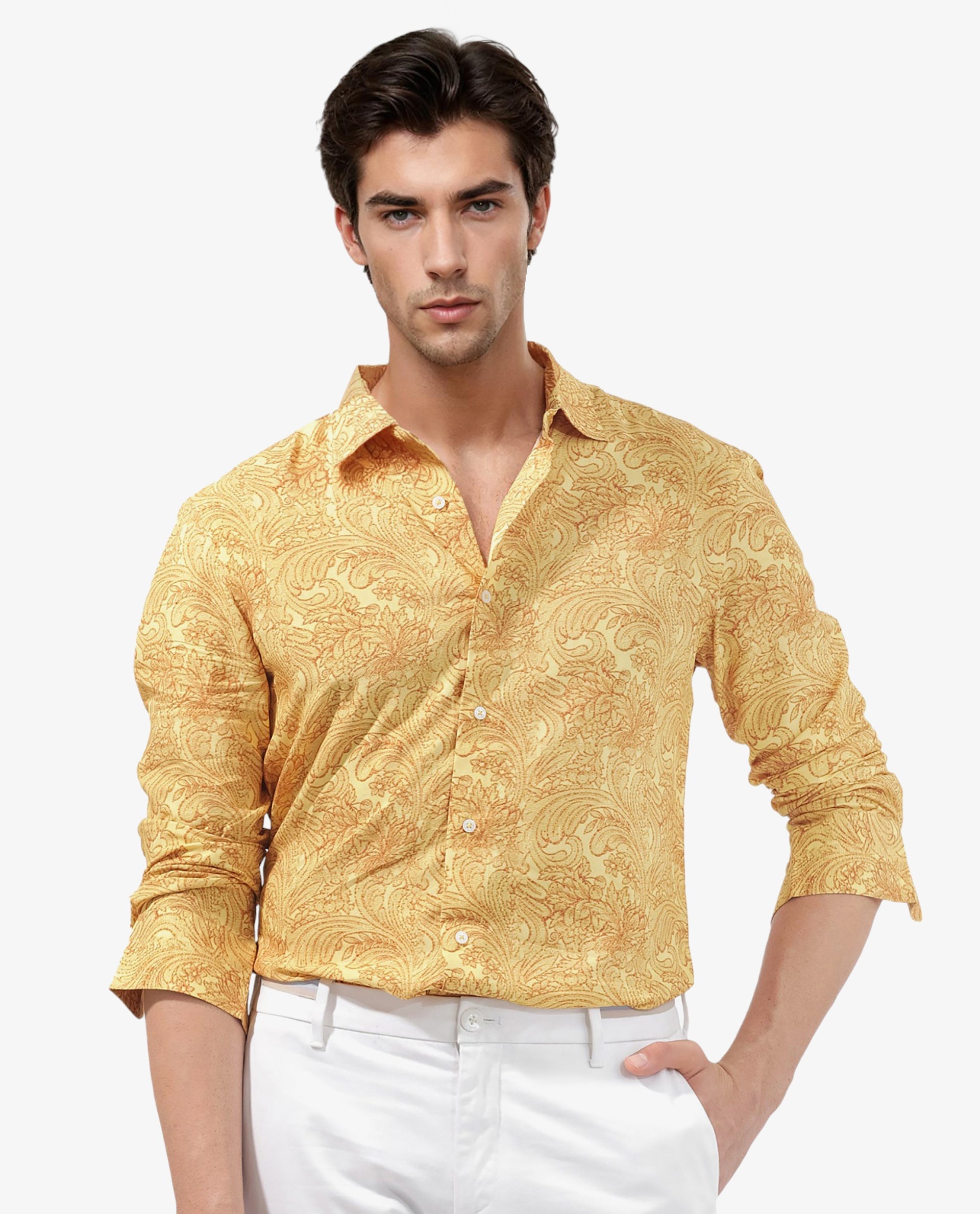 Rare Rabbit Men's Pamat Yellow Viscose Fabric Full Sleeves Paisley Print Shirt