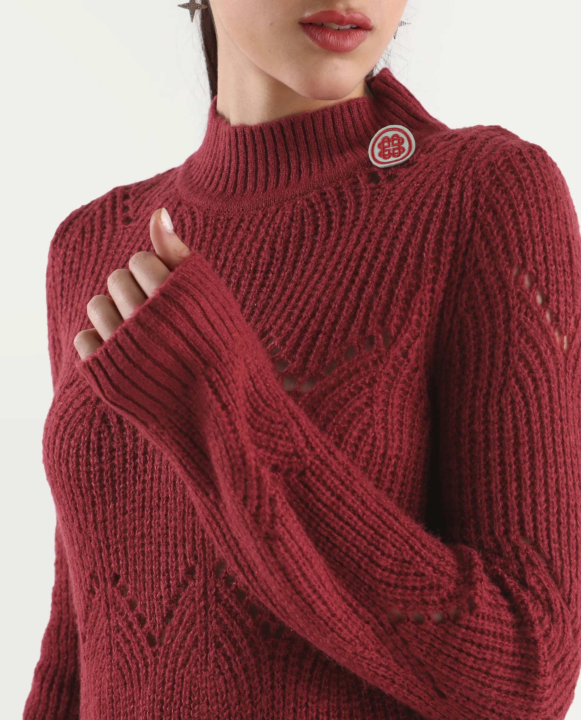 Rareism Women's Acrylic High Neck Plain Regular Fit Sweater