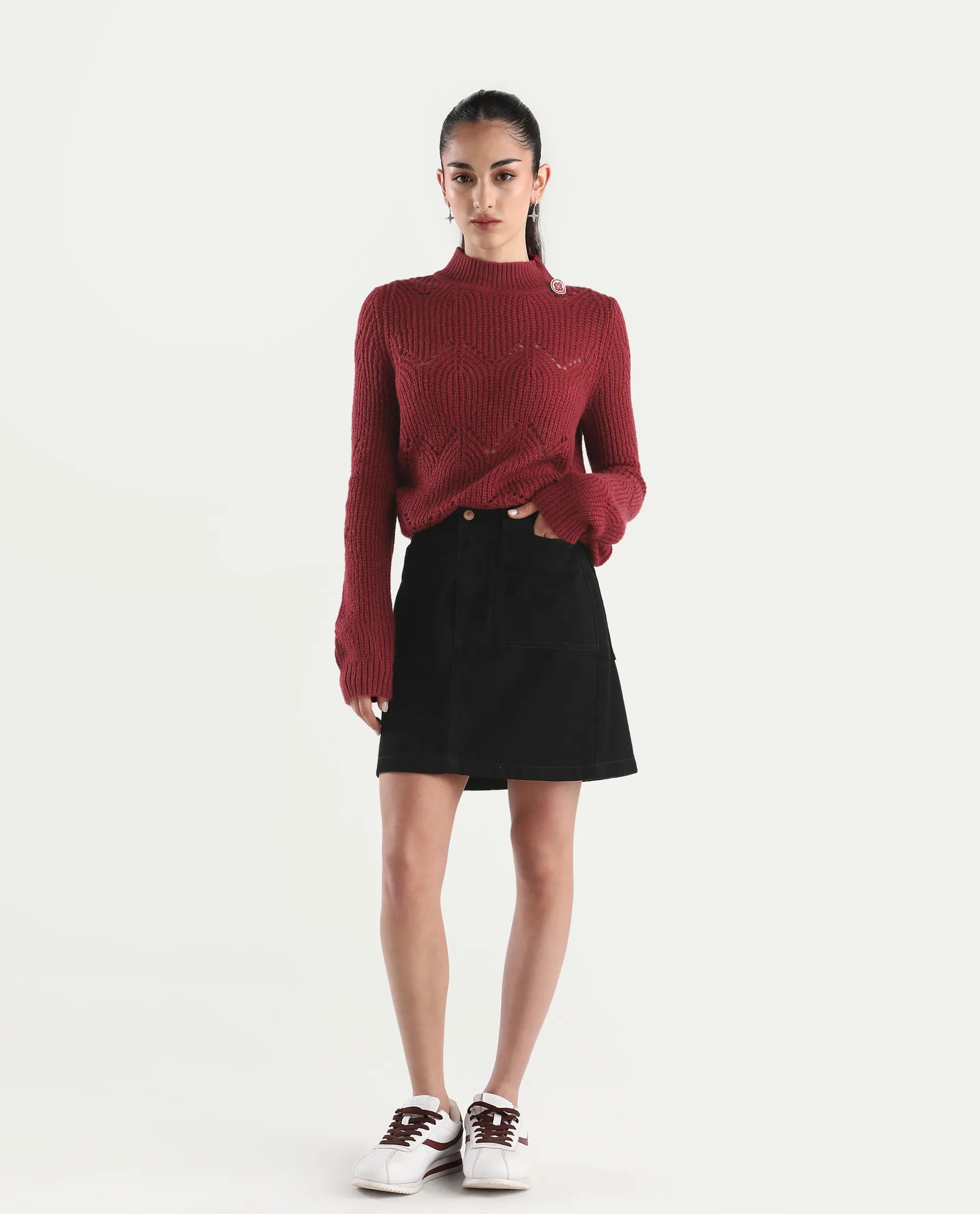 Rareism Women's Acrylic High Neck Plain Regular Fit Sweater