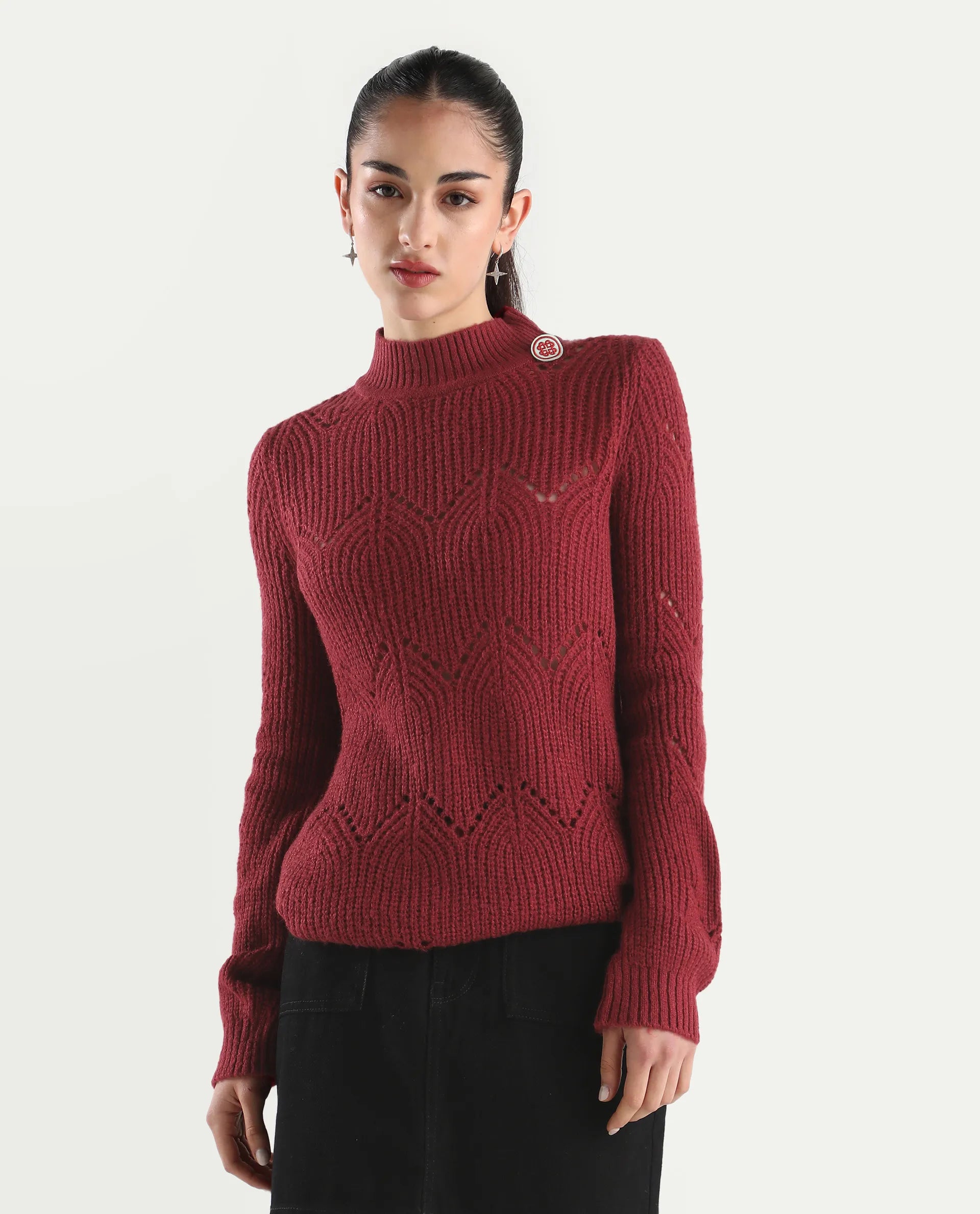 Rareism Women's Acrylic High Neck Plain Regular Fit Sweater