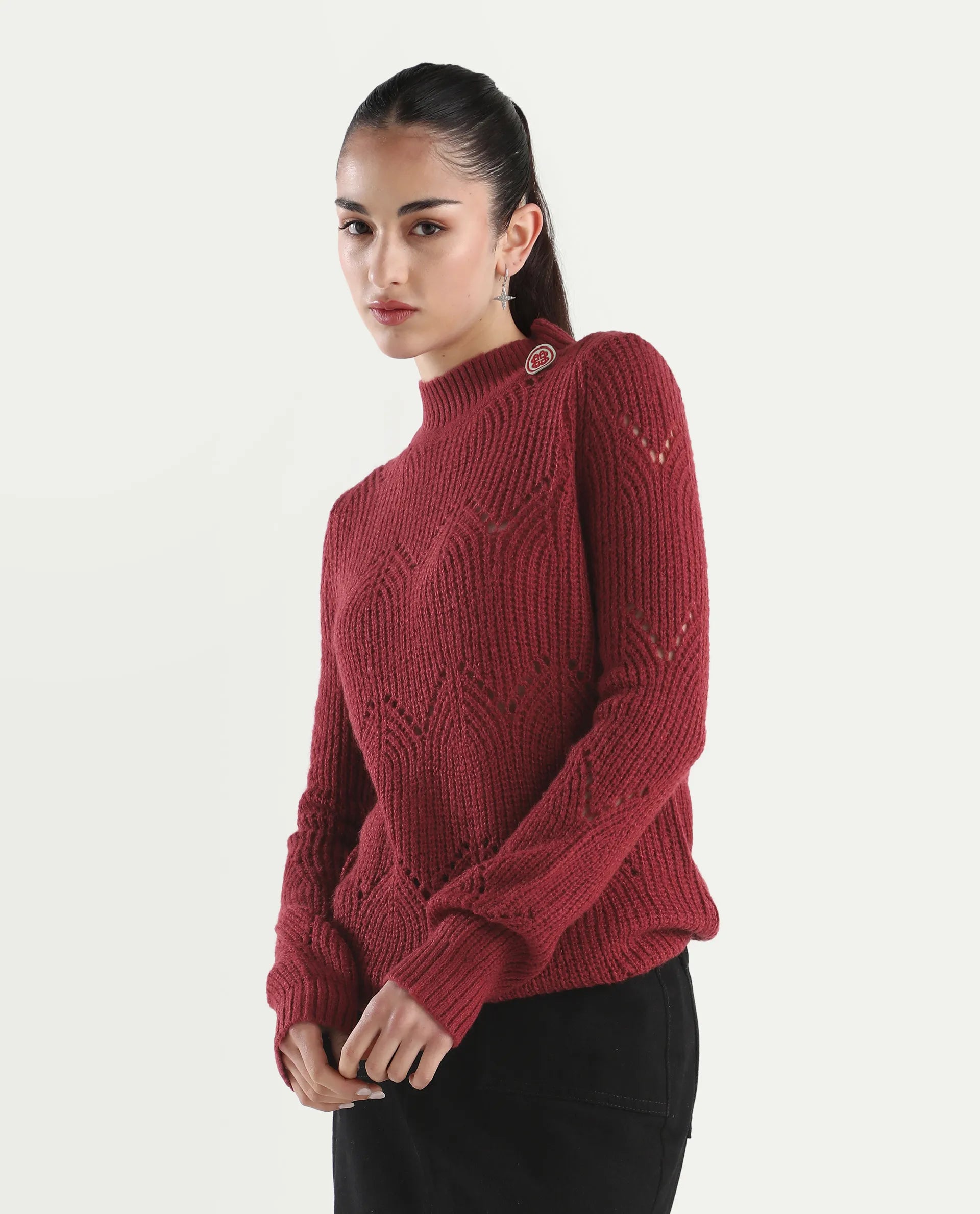 Rareism Women's Acrylic High Neck Plain Regular Fit Sweater