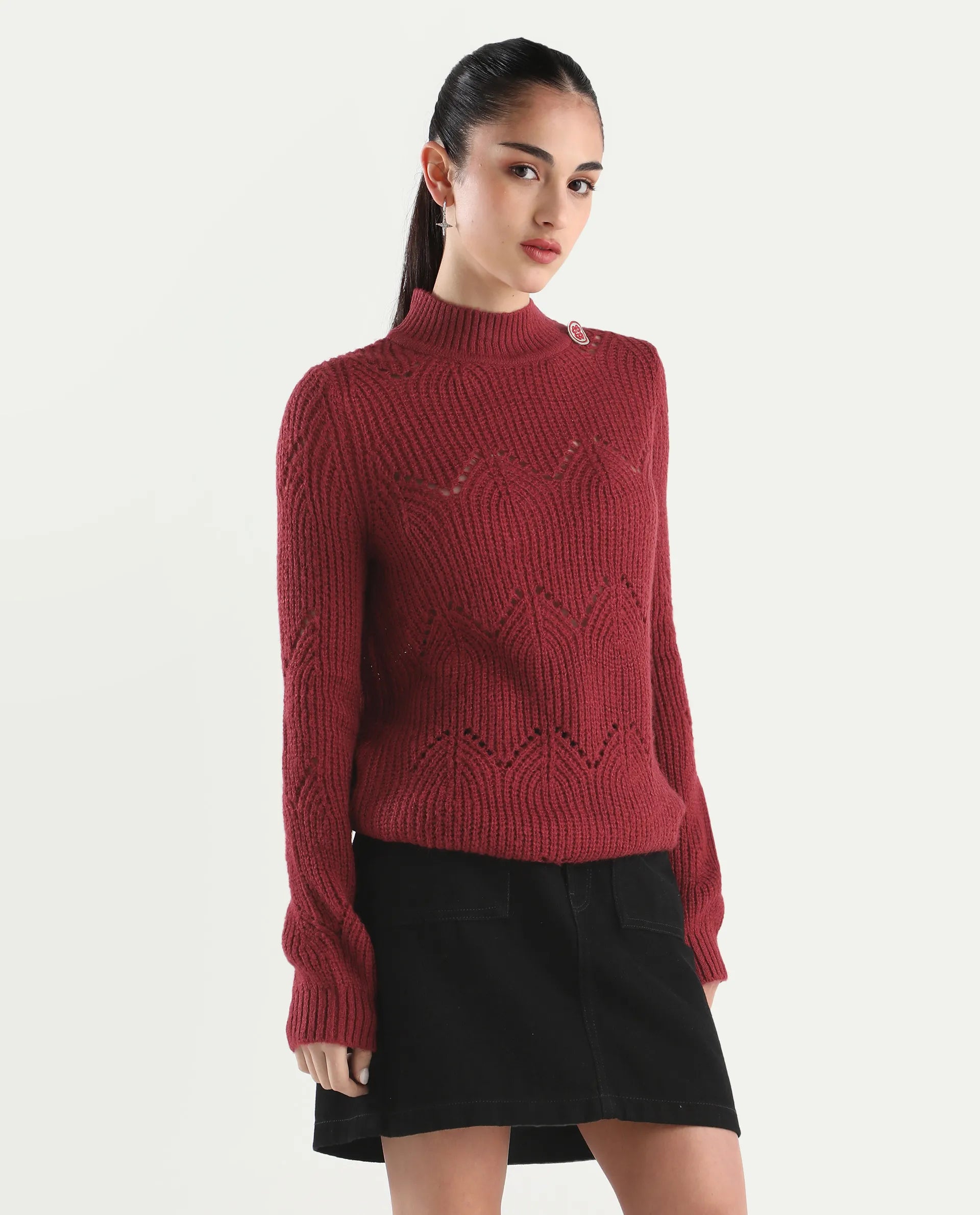 Rareism Women's Acrylic High Neck Plain Regular Fit Sweater