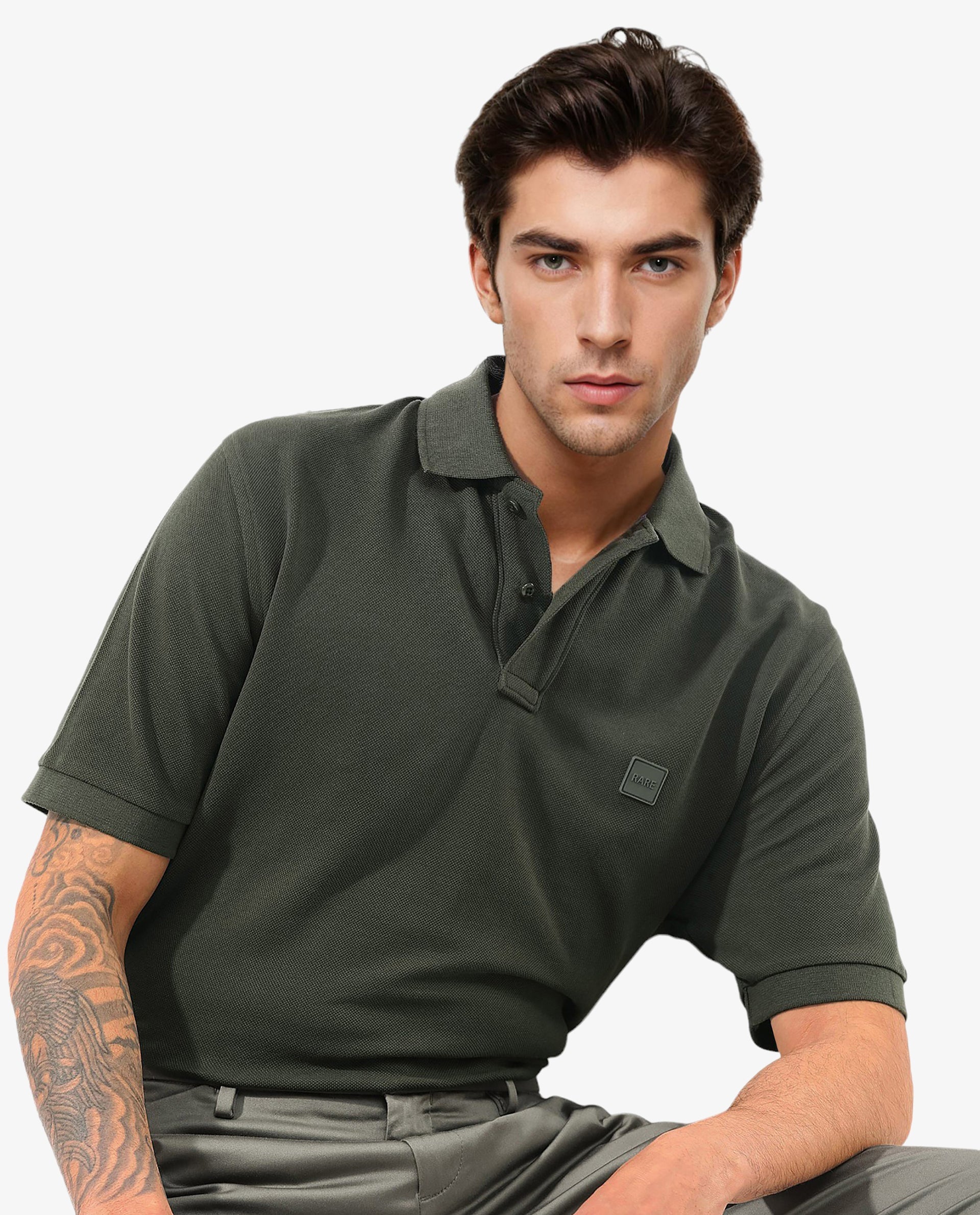 Rare Rabbit Mens Pare Dark Dark Olive Short Sleeve Solid Polo T-Shirt