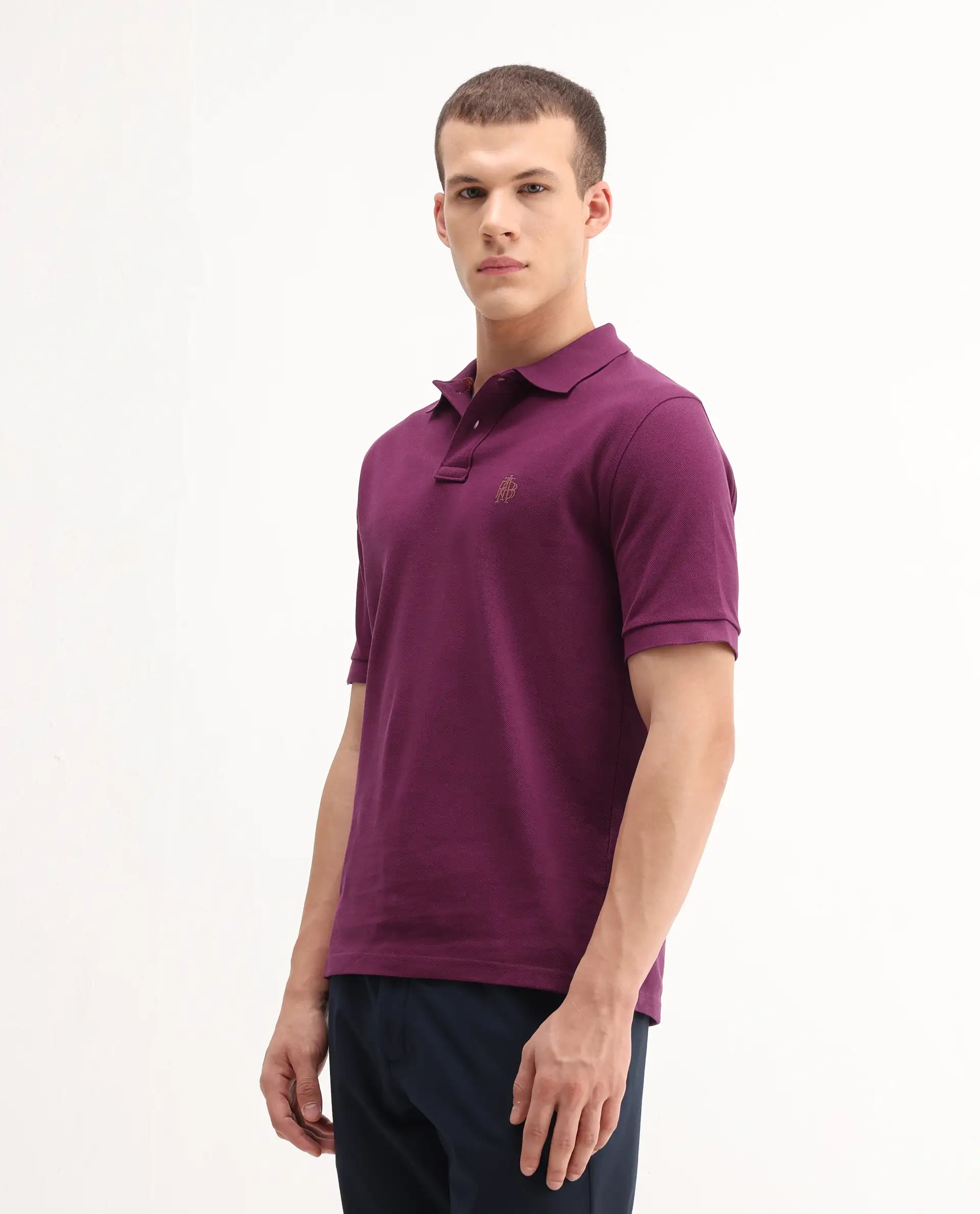 Rare Rabbit Men's Pare-1 Dark Purple Cotton Plain Regular Fit Half Sleeve Polo