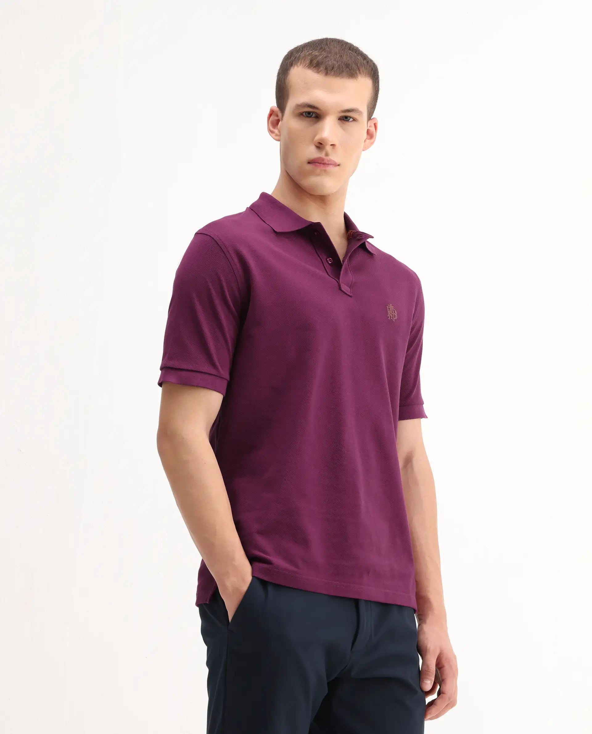 Rare Rabbit Men's Pare-1 Dark Purple Cotton Plain Regular Fit Half Sleeve Polo