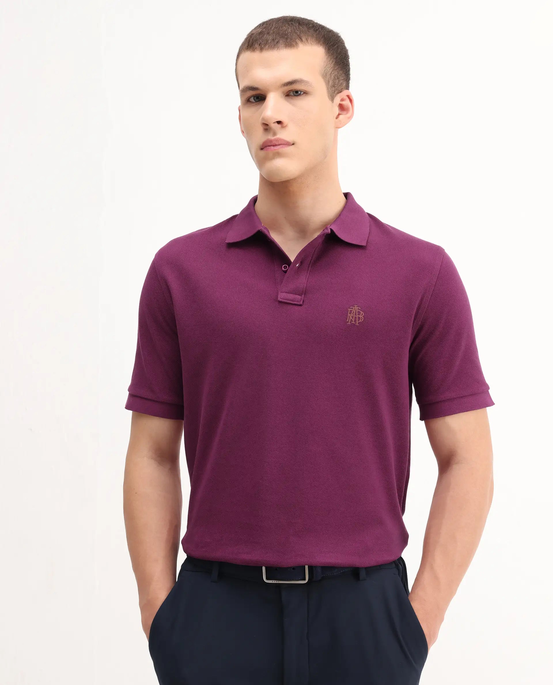 Rare Rabbit Men's Pare-1 Dark Purple Cotton Plain Regular Fit Half Sleeve Polo