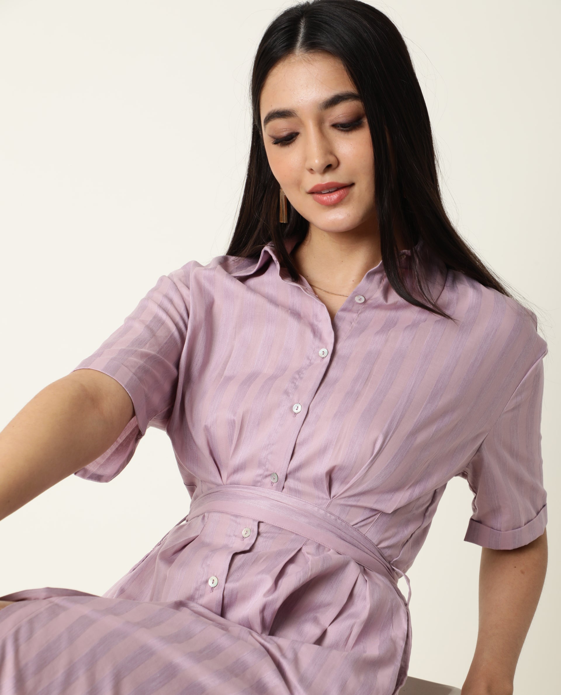Rareism Women Paris Pink Shirt Collar Short Sleeves Front Full Button Closure Placket Fabric Tie Up Belt Pocket Midi Dress