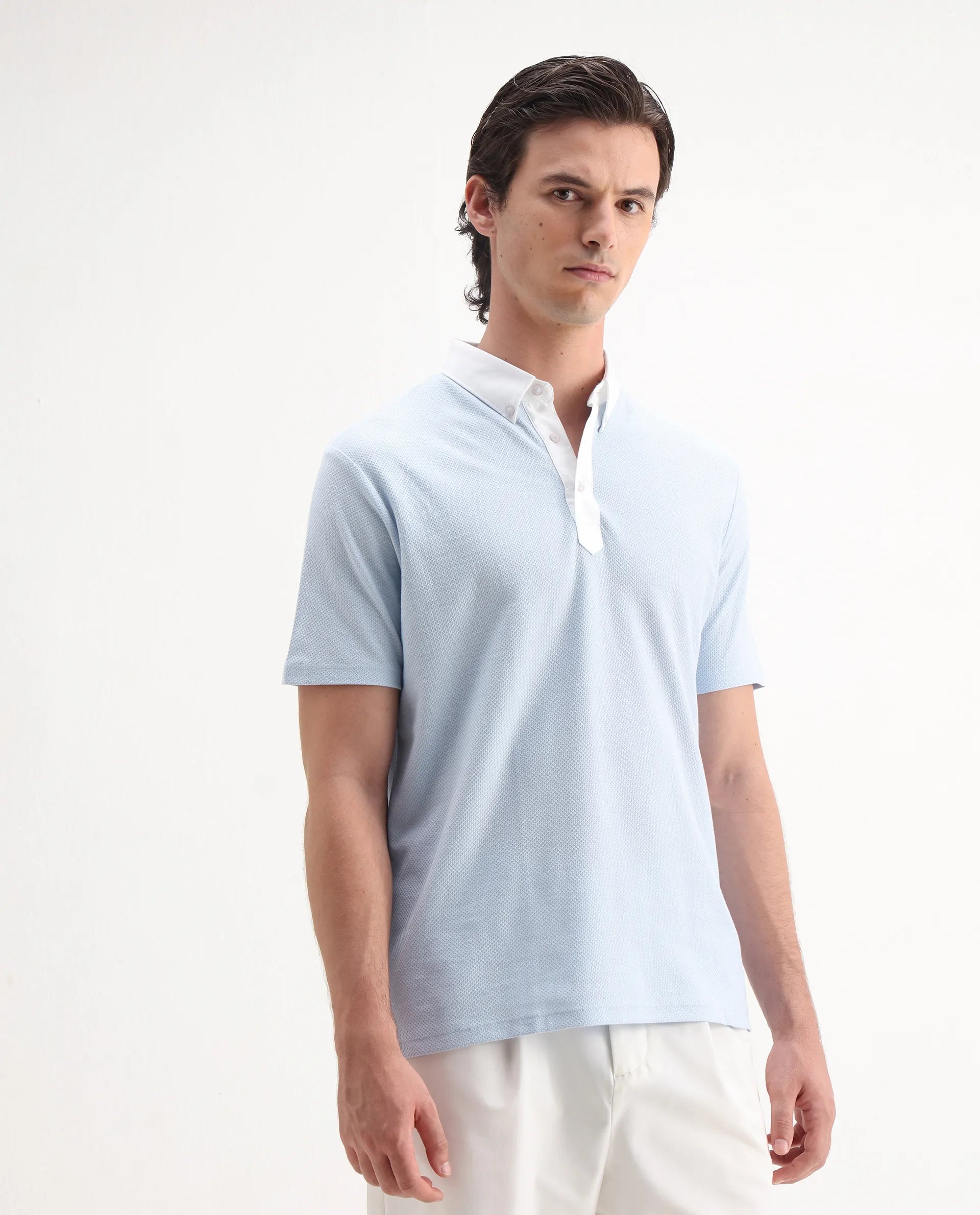 Rare Rabbit Men's Parma2 Pastel Blue Cotton Plain Regular Fit Half Sleeve Polo