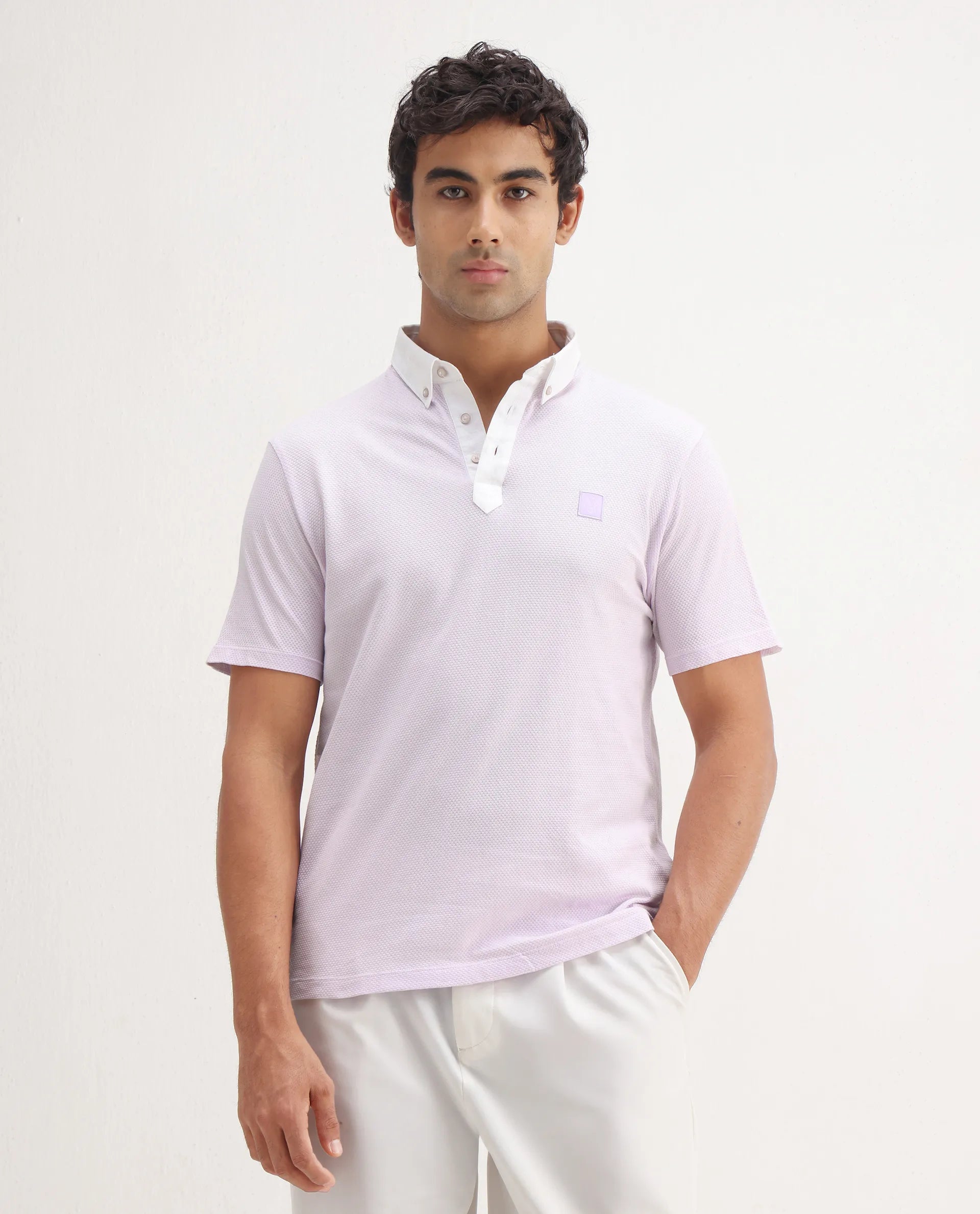 Rare Rabbit Men's Parmat Light Purple Cotton Plain Regular Fit Half Sleeve Polo