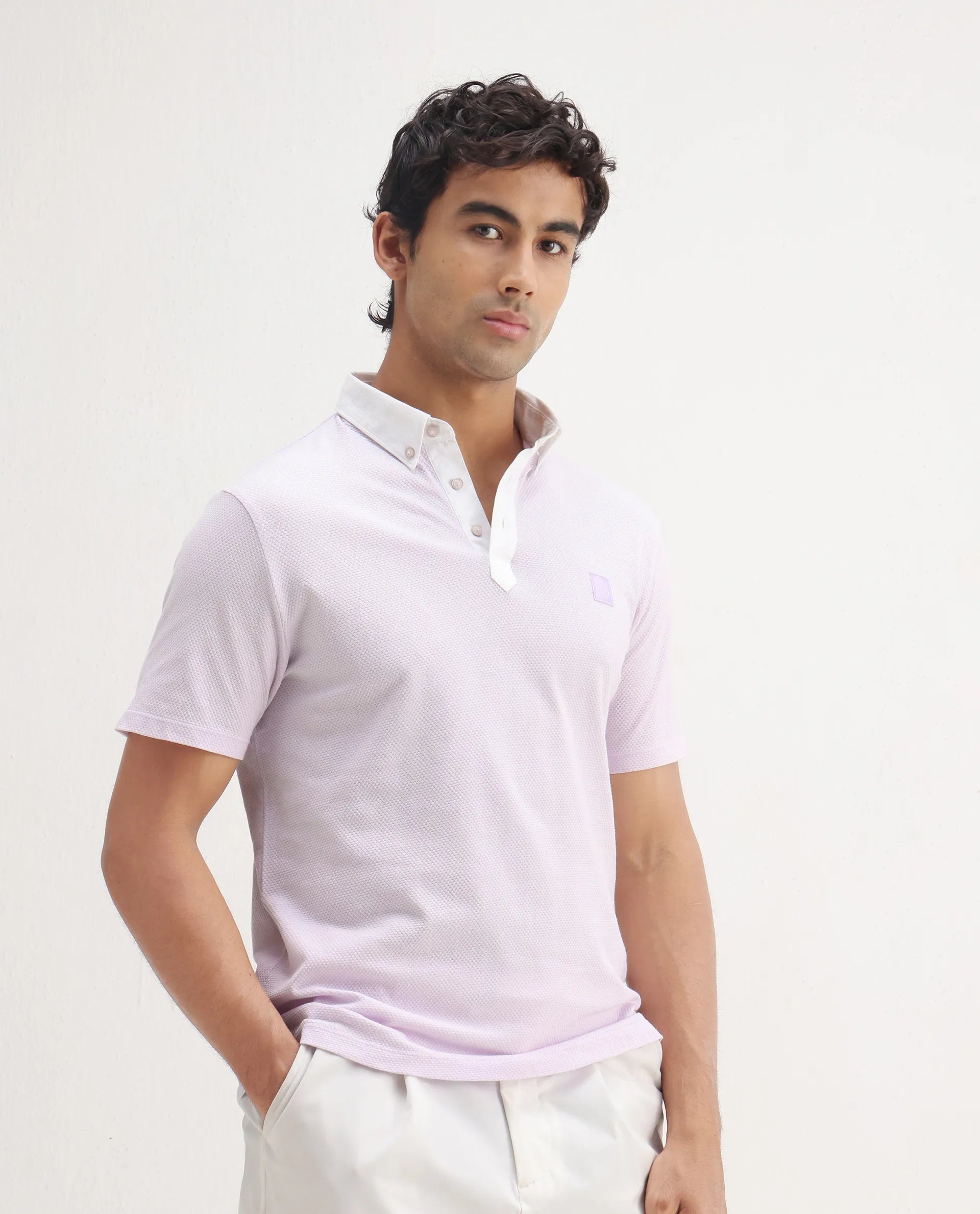 Rare Rabbit Men's Parmat Light Purple Cotton Plain Regular Fit Half Sleeve Polo