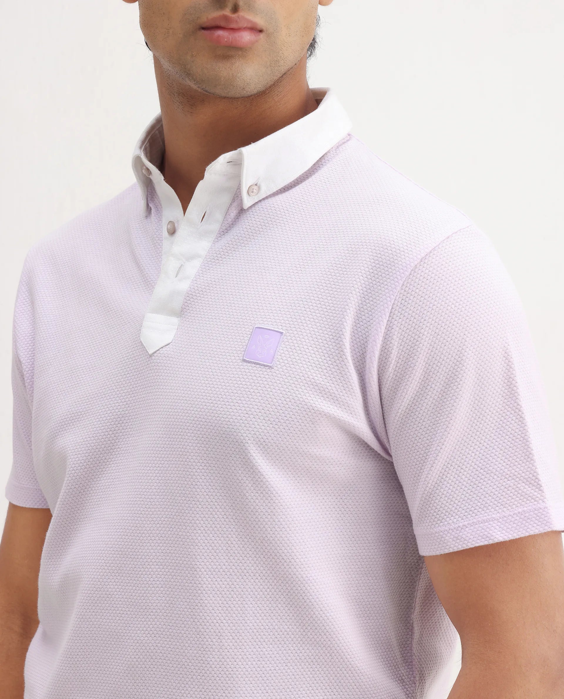 Rare Rabbit Men's Parmat Light Purple Cotton Plain Regular Fit Half Sleeve Polo
