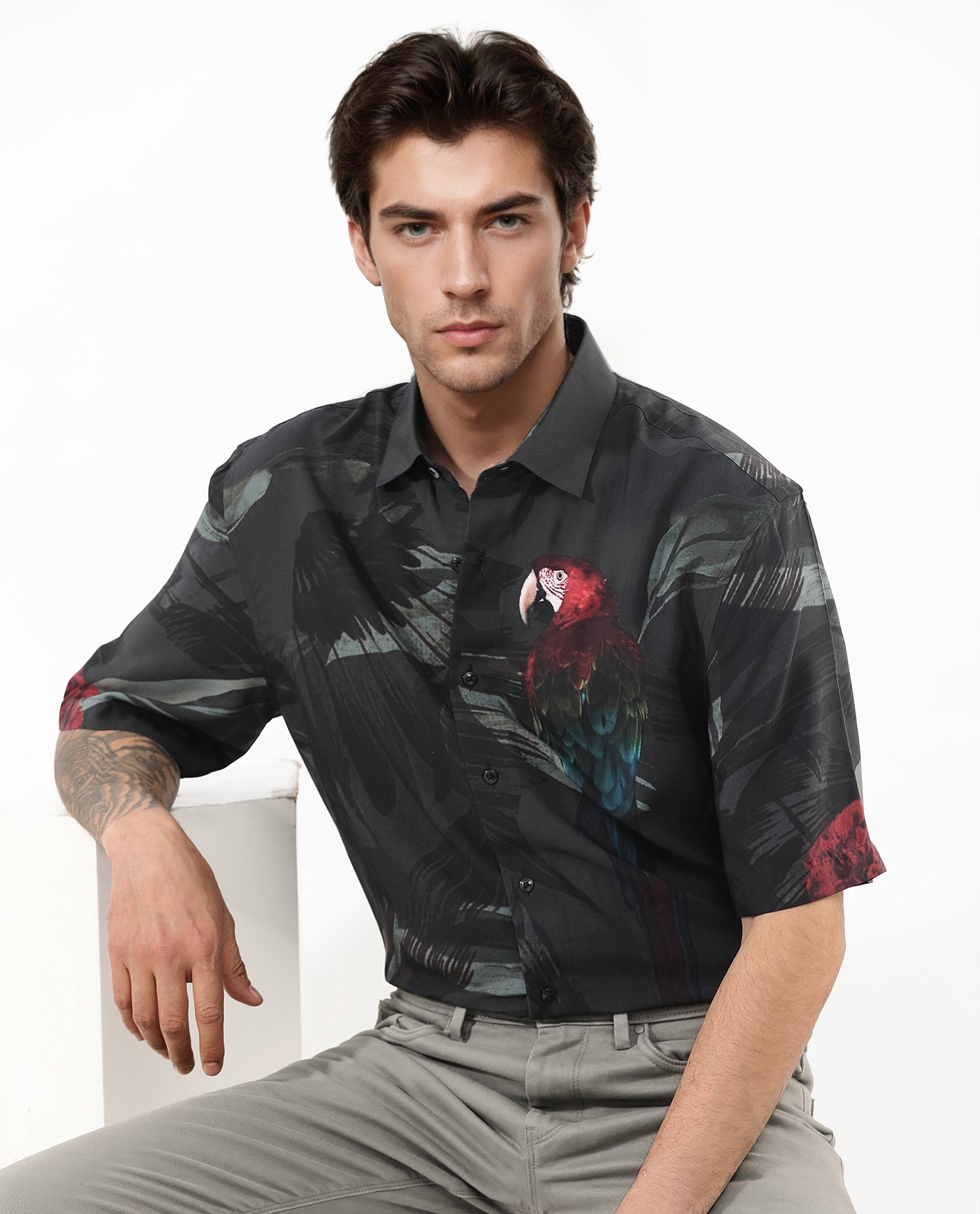 Rare Rabbit Mens Parrot Dark Grey Viscose Fabric Short Sleeve Boxy Fit Animal Print Shirt