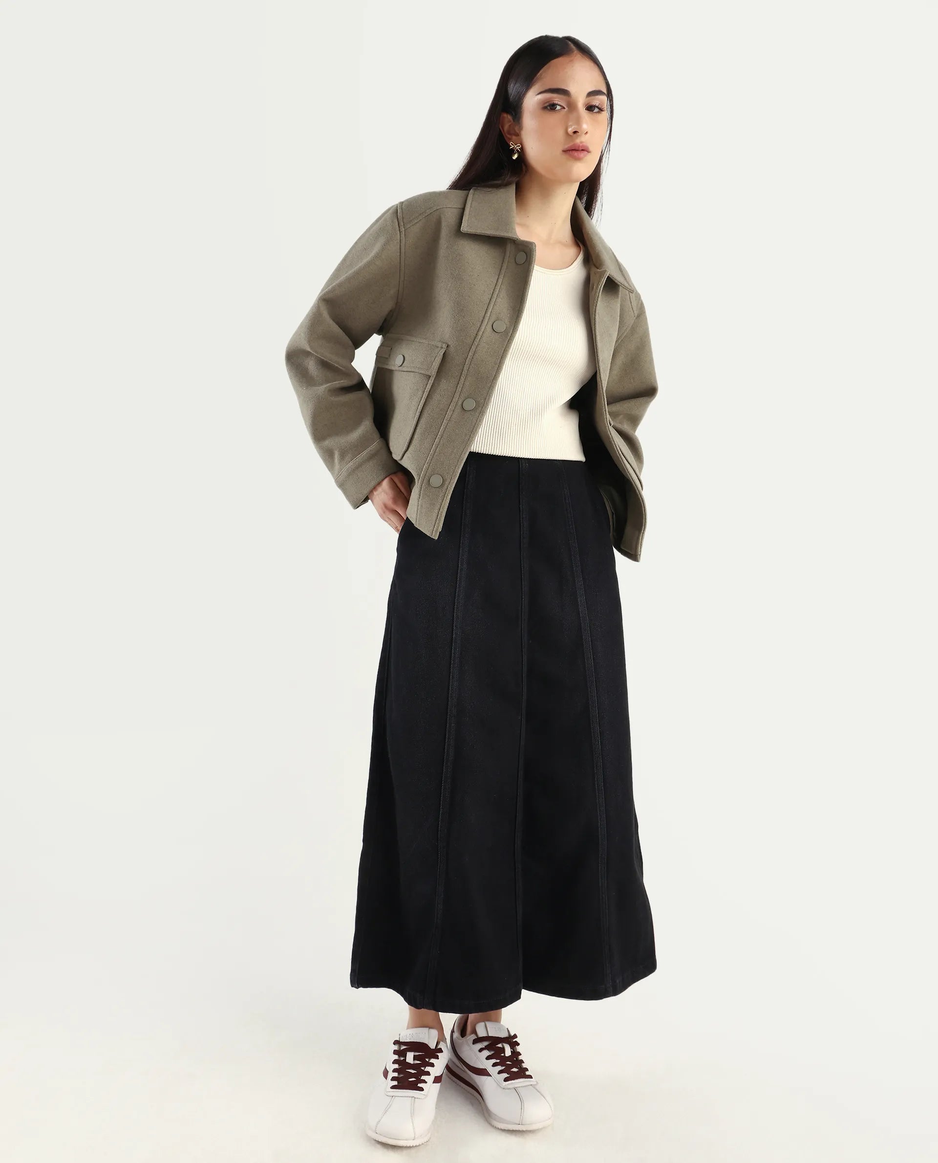 Rareism Women's Parrow Black Cotton Plain Midi Flared Skirt