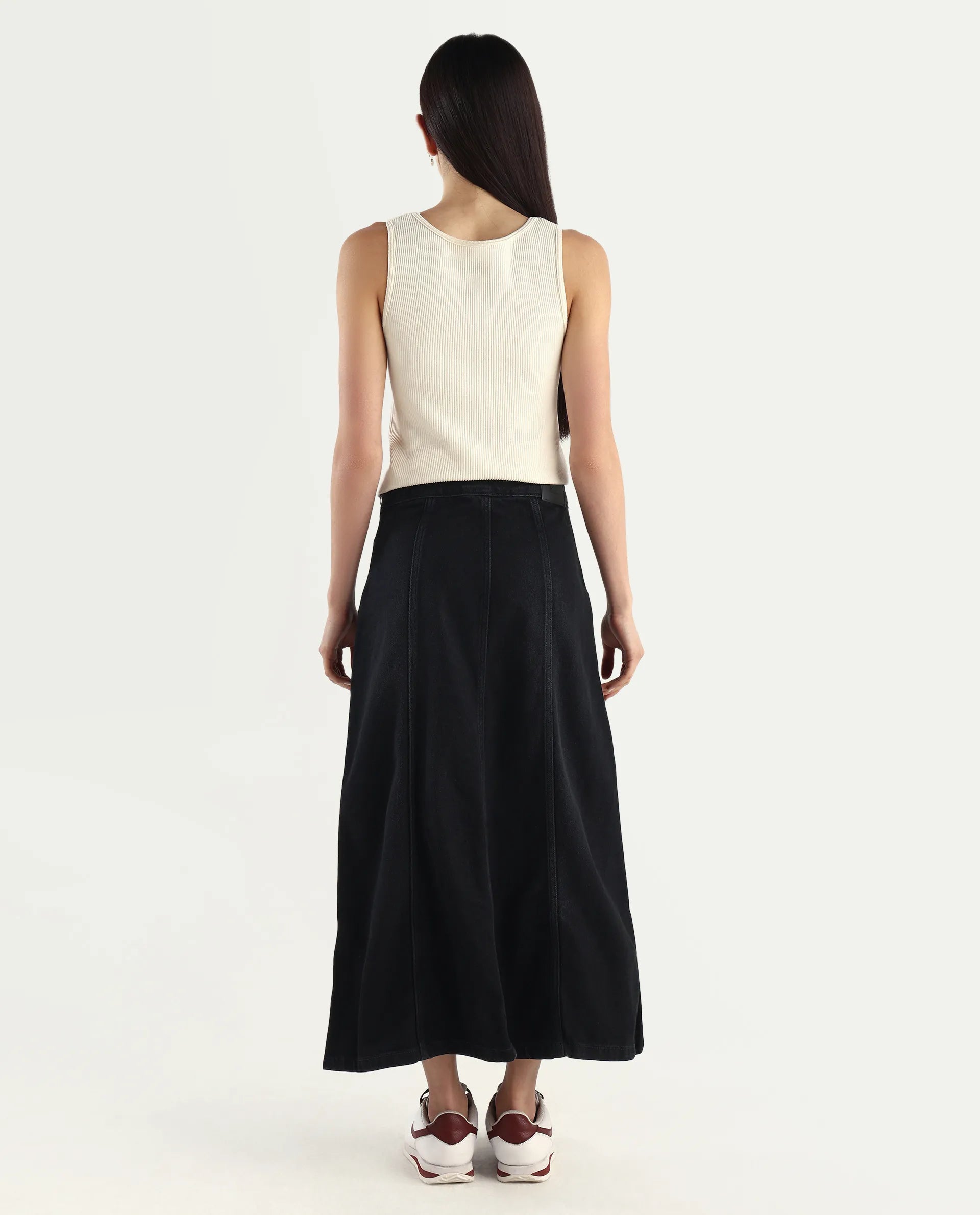 Rareism Women's Parrow Black Cotton Plain Midi Flared Skirt