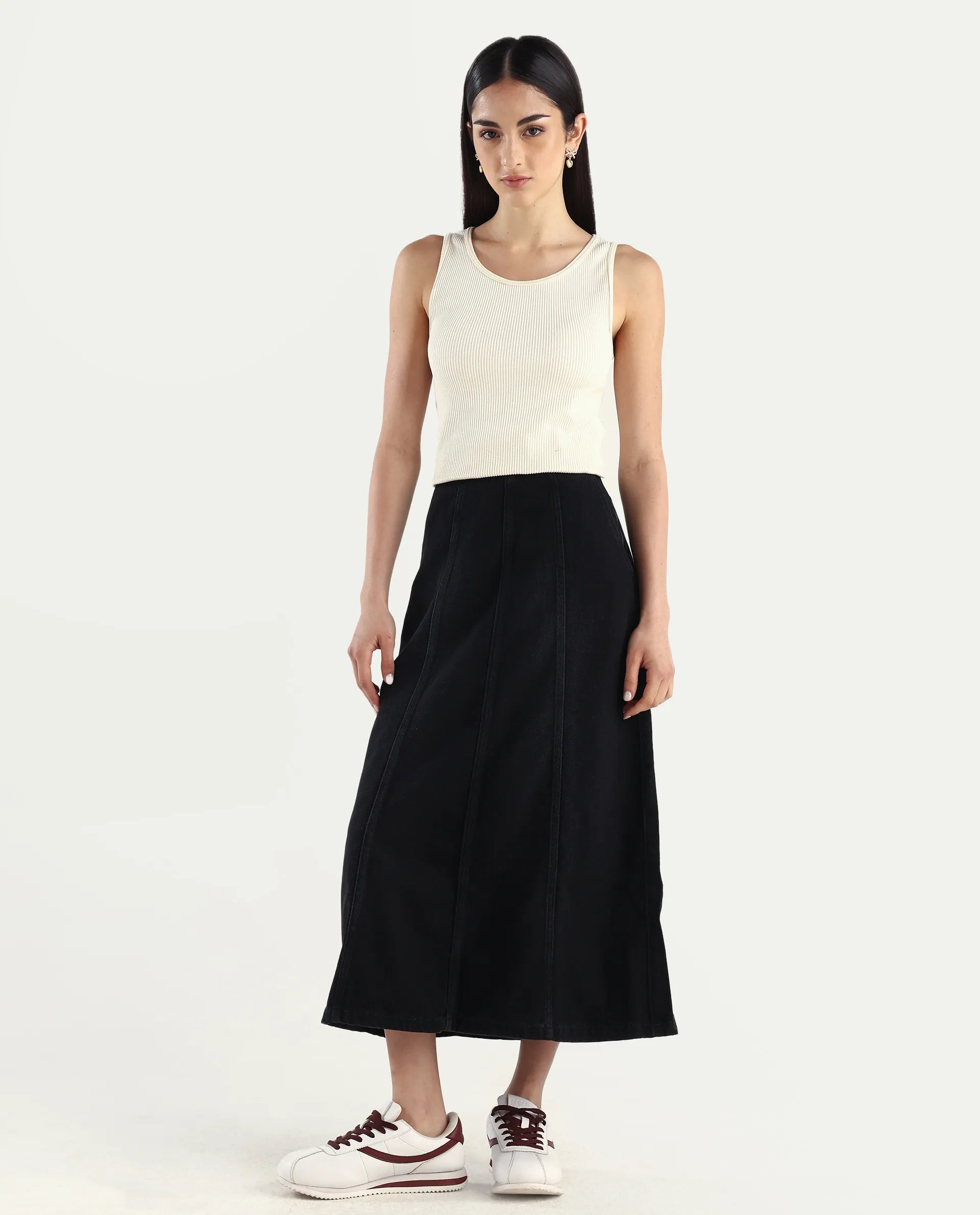 Rareism Women's Parrow Black Cotton Plain Midi Flared Skirt