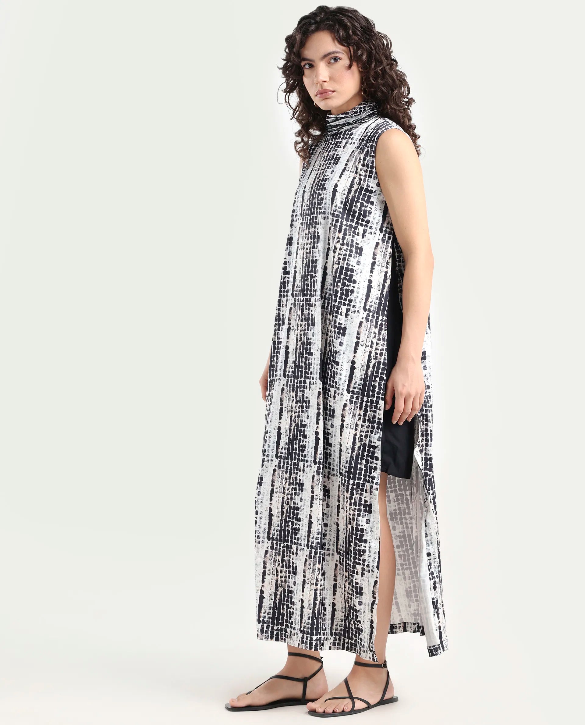 Rareism Women's Pash Black Modal Blend High Neck Abstract Print Sleeveless Maxi Regular Fit Dress