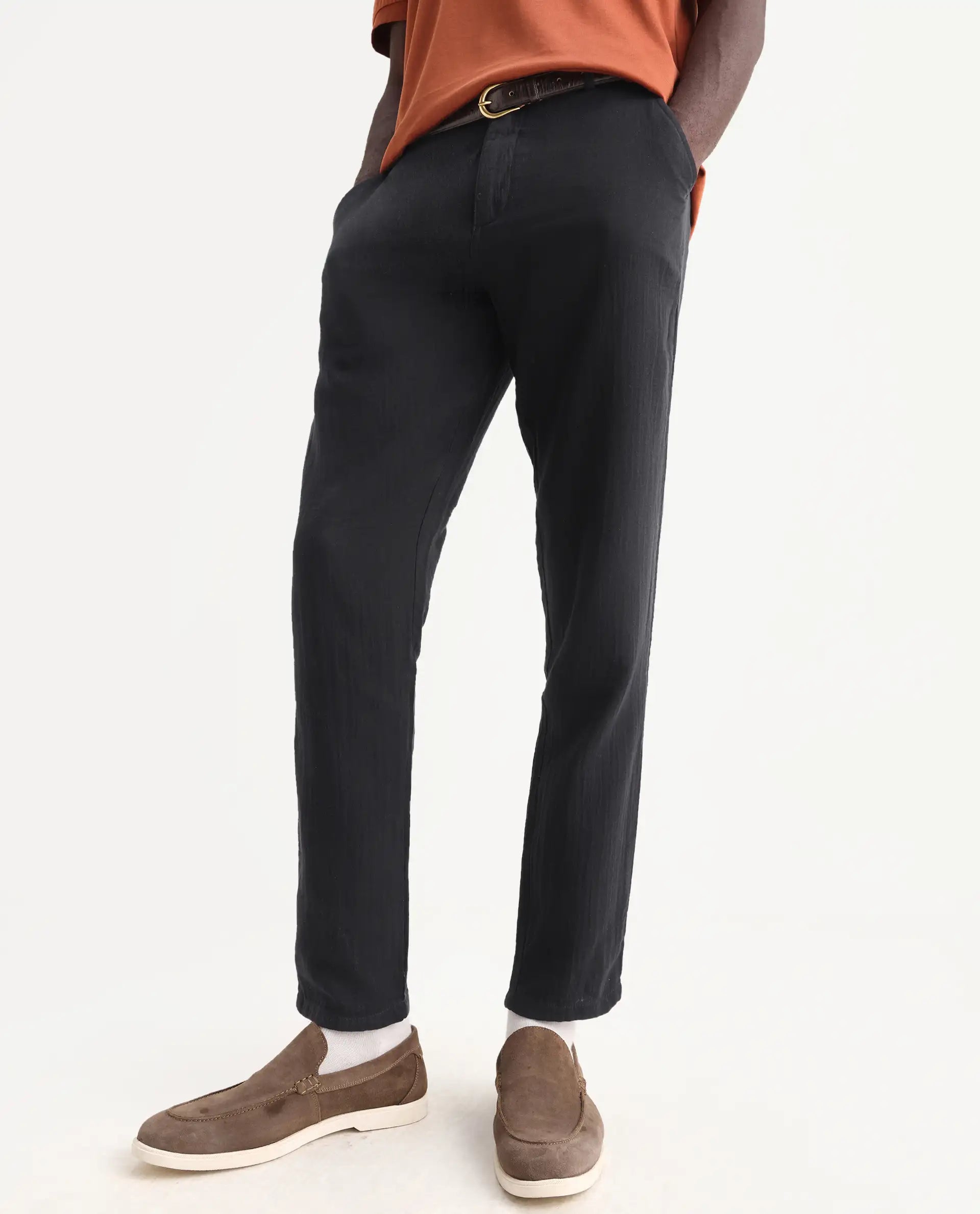 Rare Rabbit Men's Pastor-3 Black Cotton Plain Regular Fit Trouser