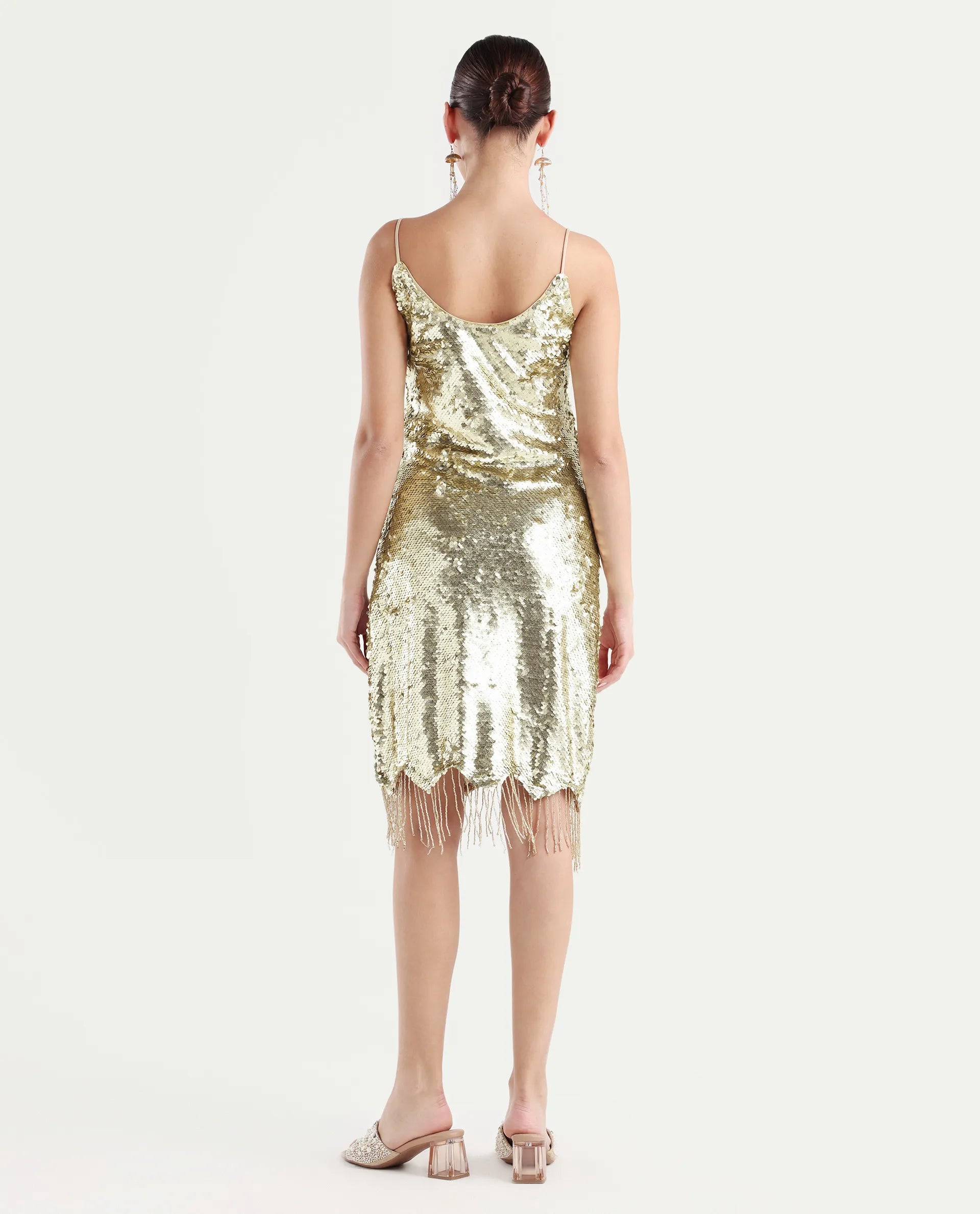 Rareism Women's Pau Sheen Gold Polyester Shoulder Strap Sequined Shoulder Strap Knee Length Regular Fit Dress