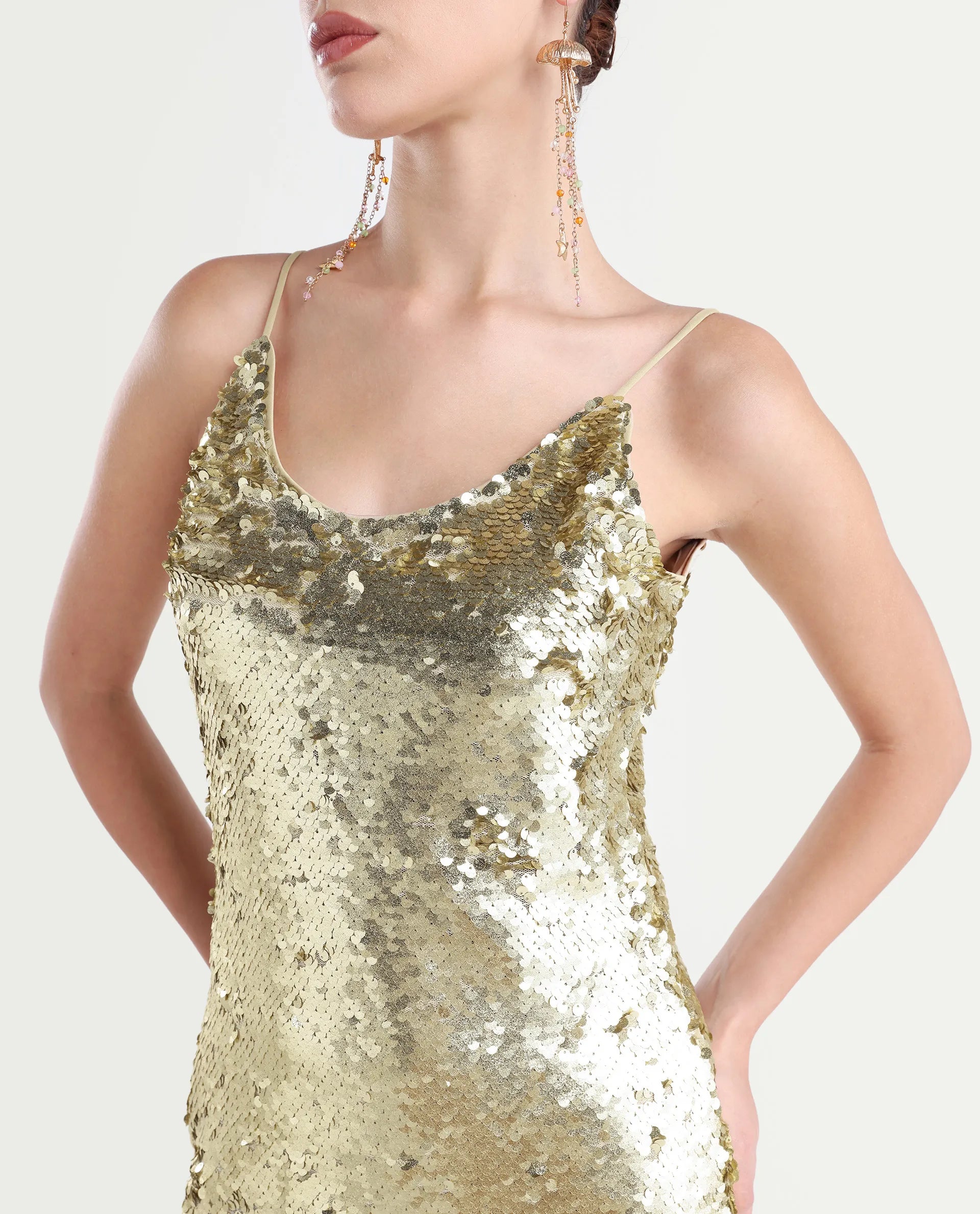 Rareism Women's Pau Sheen Gold Polyester Shoulder Strap Sequined Shoulder Strap Knee Length Regular Fit Dress