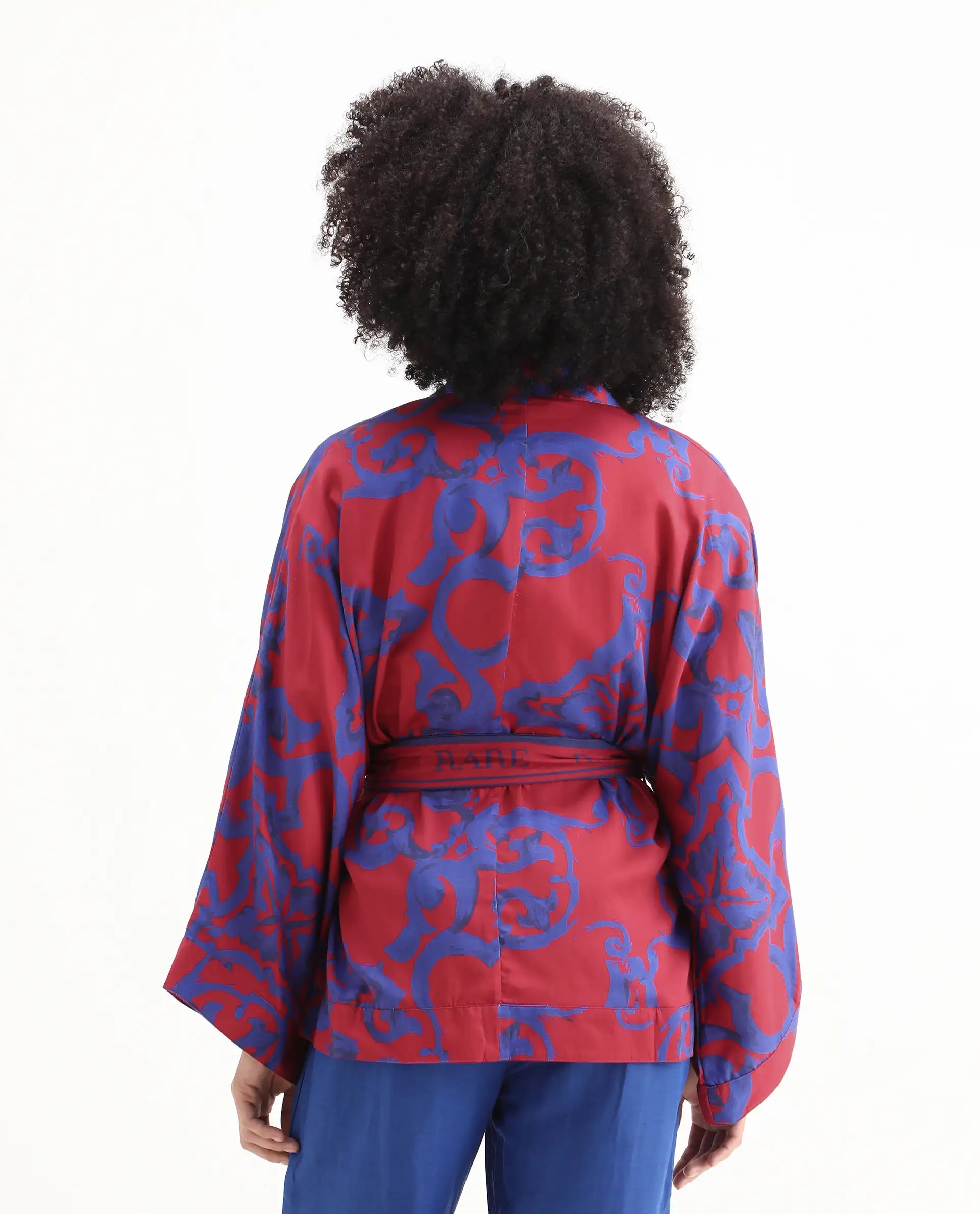 Rareism Women's Pavell Red Cotton Drop Collar Abstract Print Kimono Sleeve Regular Fit Top