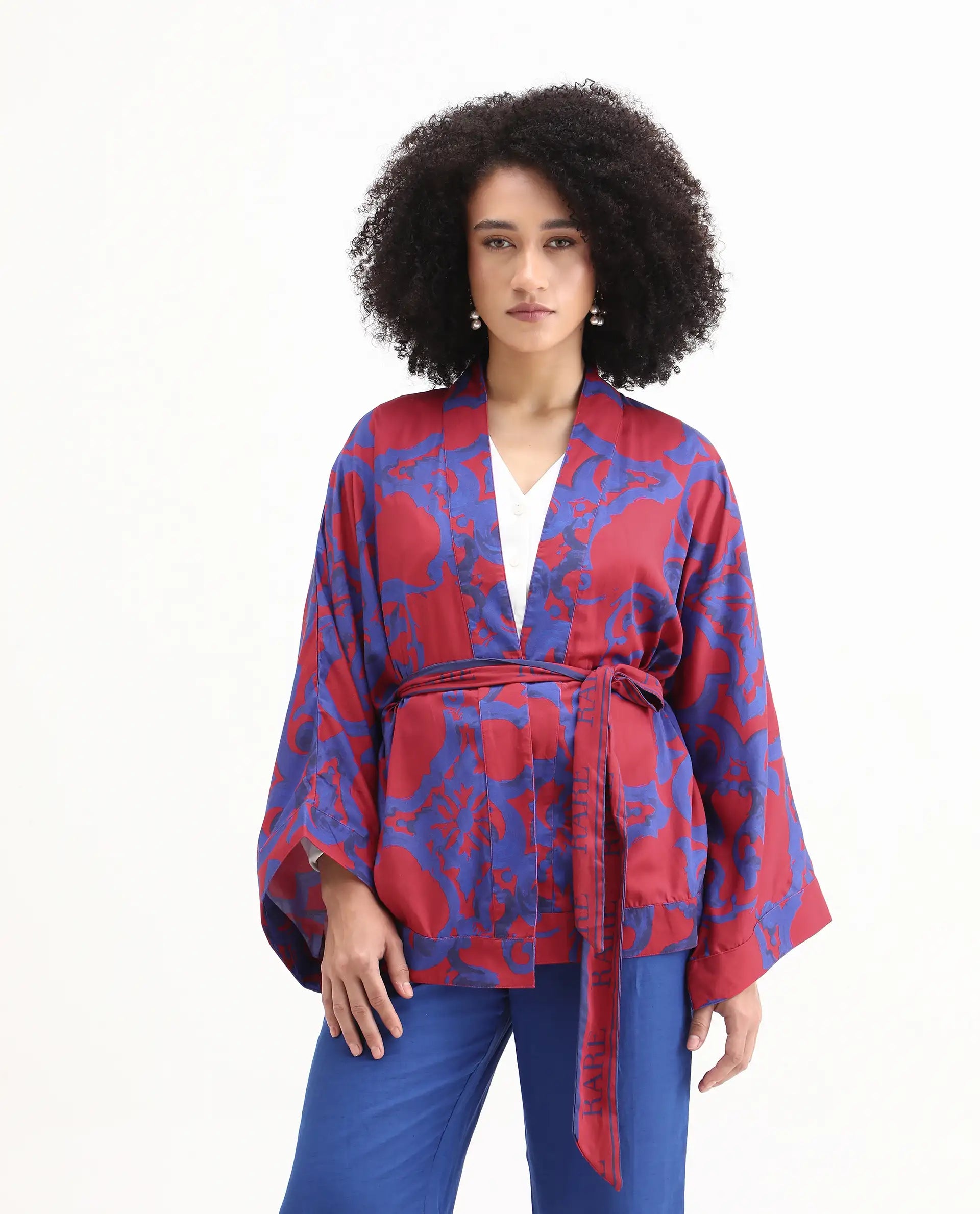 Rareism Women's Pavell Red Cotton Drop Collar Abstract Print Kimono Sleeve Regular Fit Top