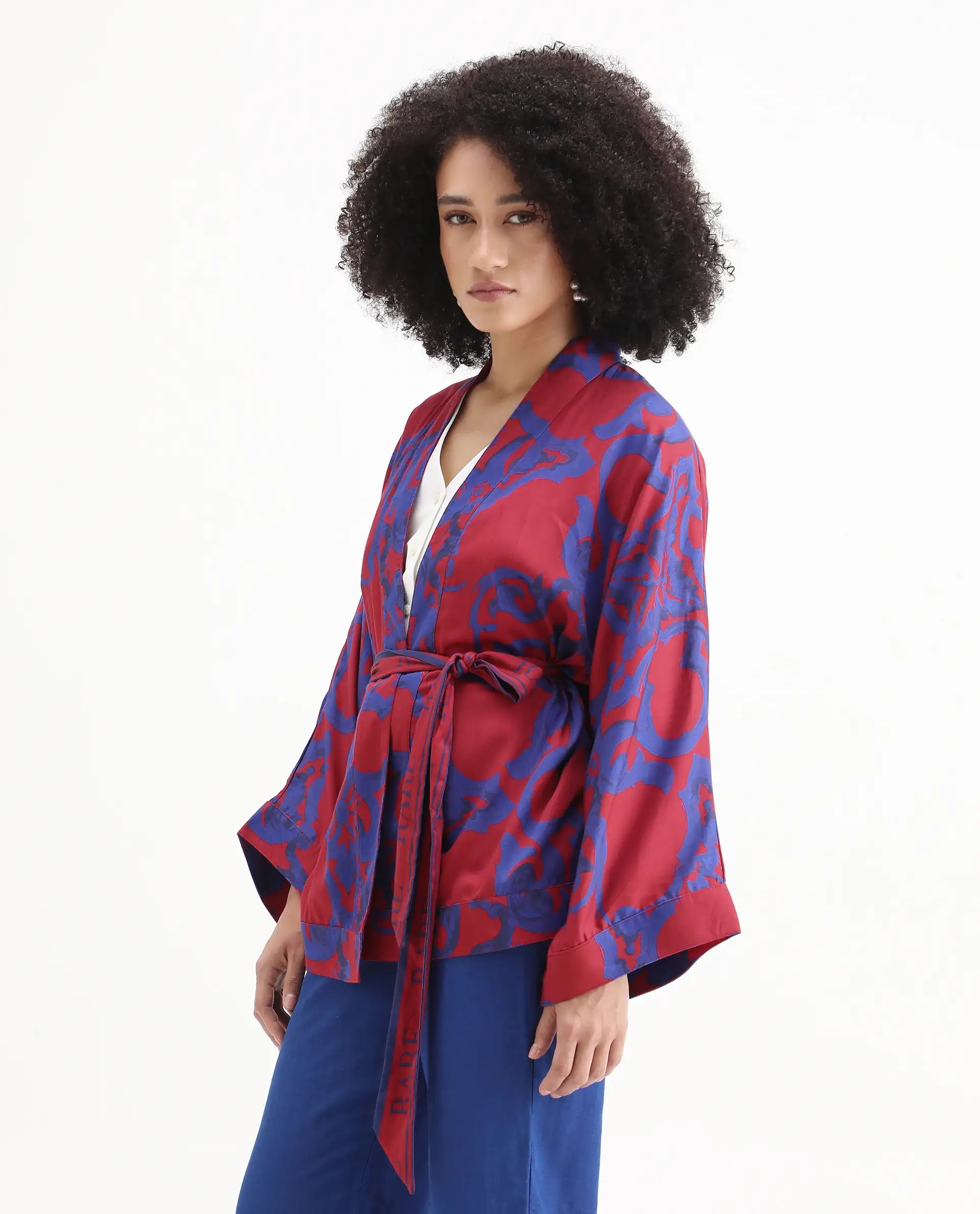Rareism Women's Pavell Red Cotton Drop Collar Abstract Print Kimono Sleeve Regular Fit Top