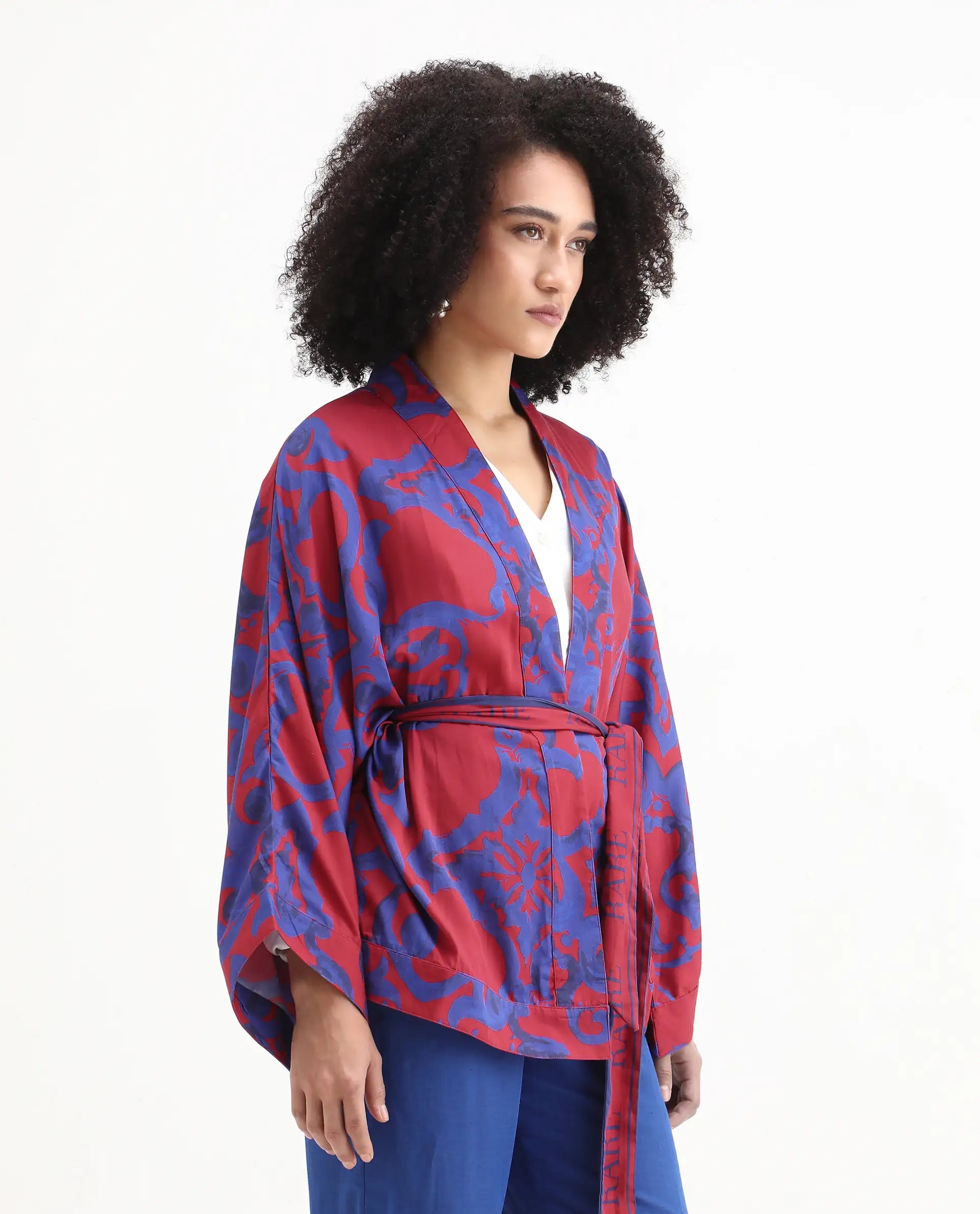 Rareism Women's Pavell Red Cotton Drop Collar Abstract Print Kimono Sleeve Regular Fit Top