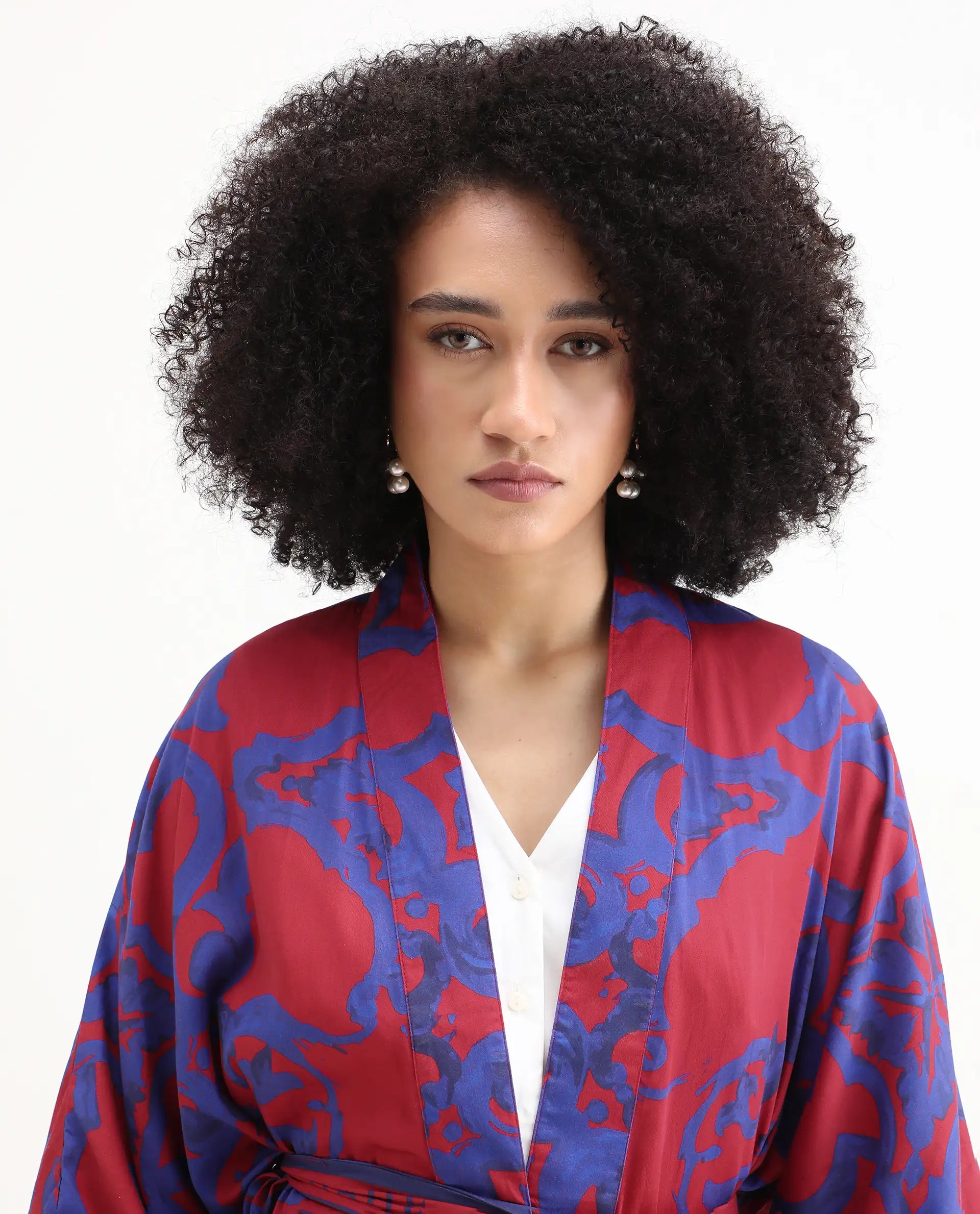 Rareism Women's Pavell Red Cotton Drop Collar Abstract Print Kimono Sleeve Regular Fit Top