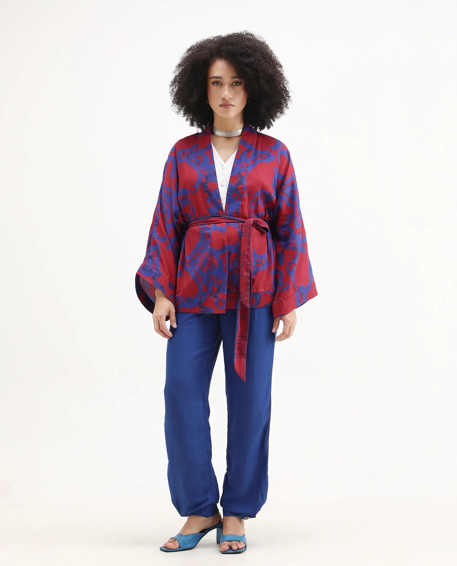 Rareism Women's Pavell Red Cotton Drop Collar Abstract Print Kimono Sleeve Regular Fit Top