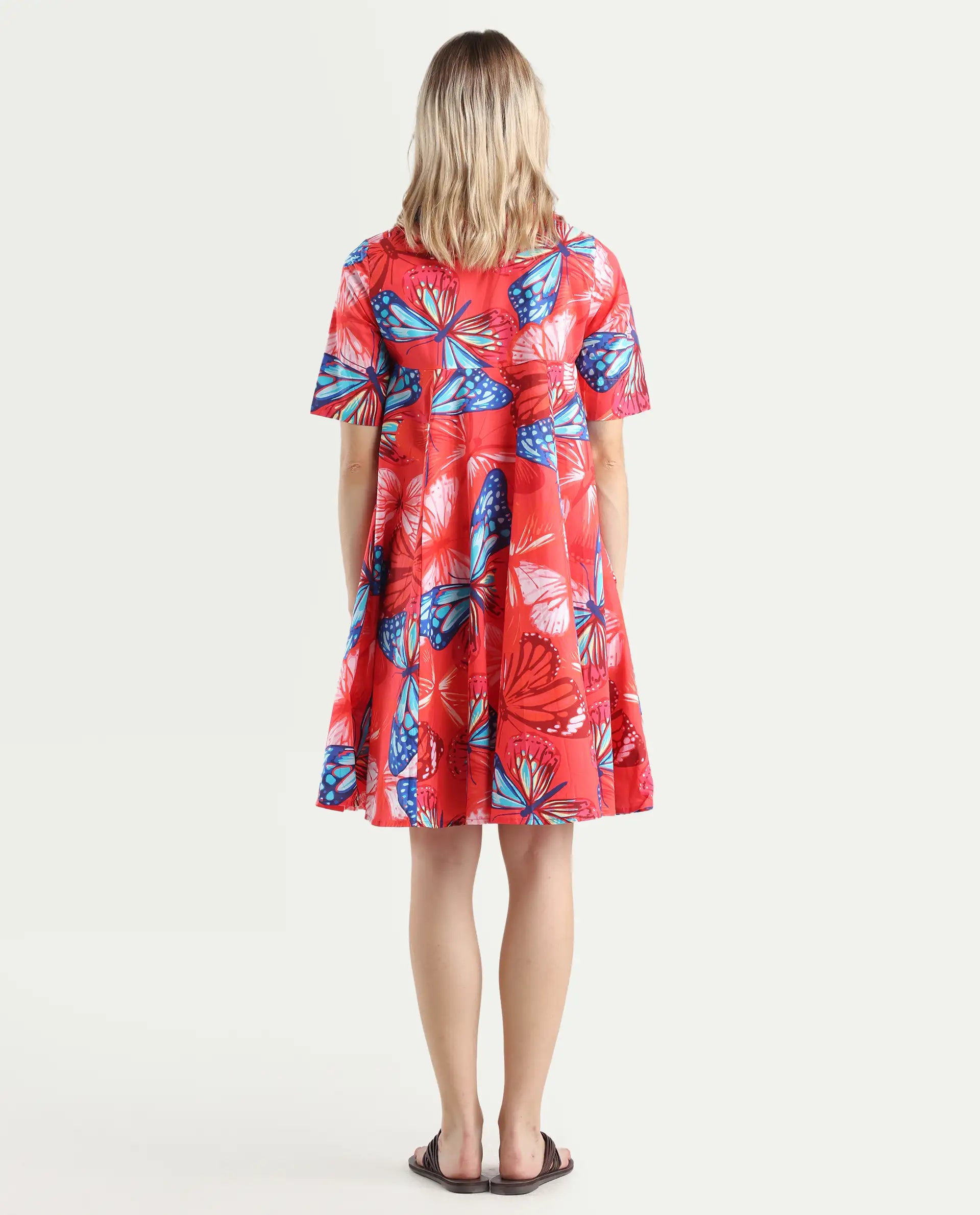 Rareism Women's Payne Multi Cotton Crew Neck Graphic Print Knee Length Fit And Flare Dress