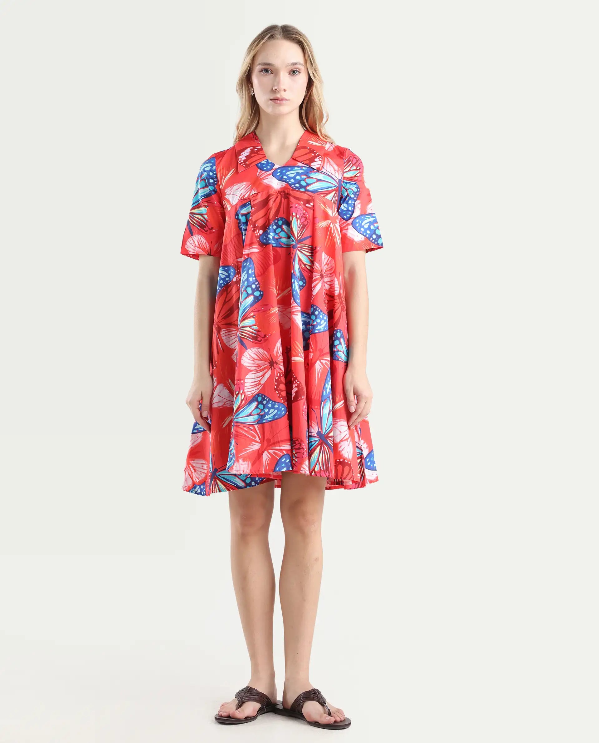 Rareism Women's Payne Multi Cotton Crew Neck Graphic Print Knee Length Fit And Flare Dress