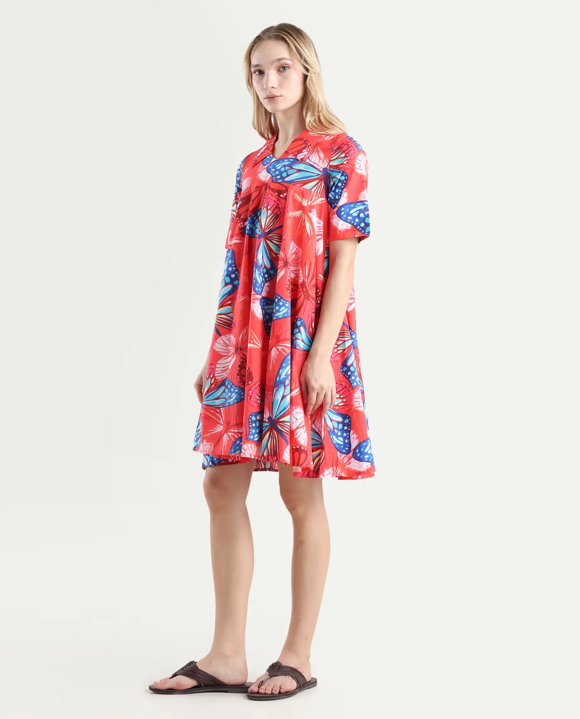 Rareism Women's Payne Multi Cotton Crew Neck Graphic Print Knee Length Fit And Flare Dress