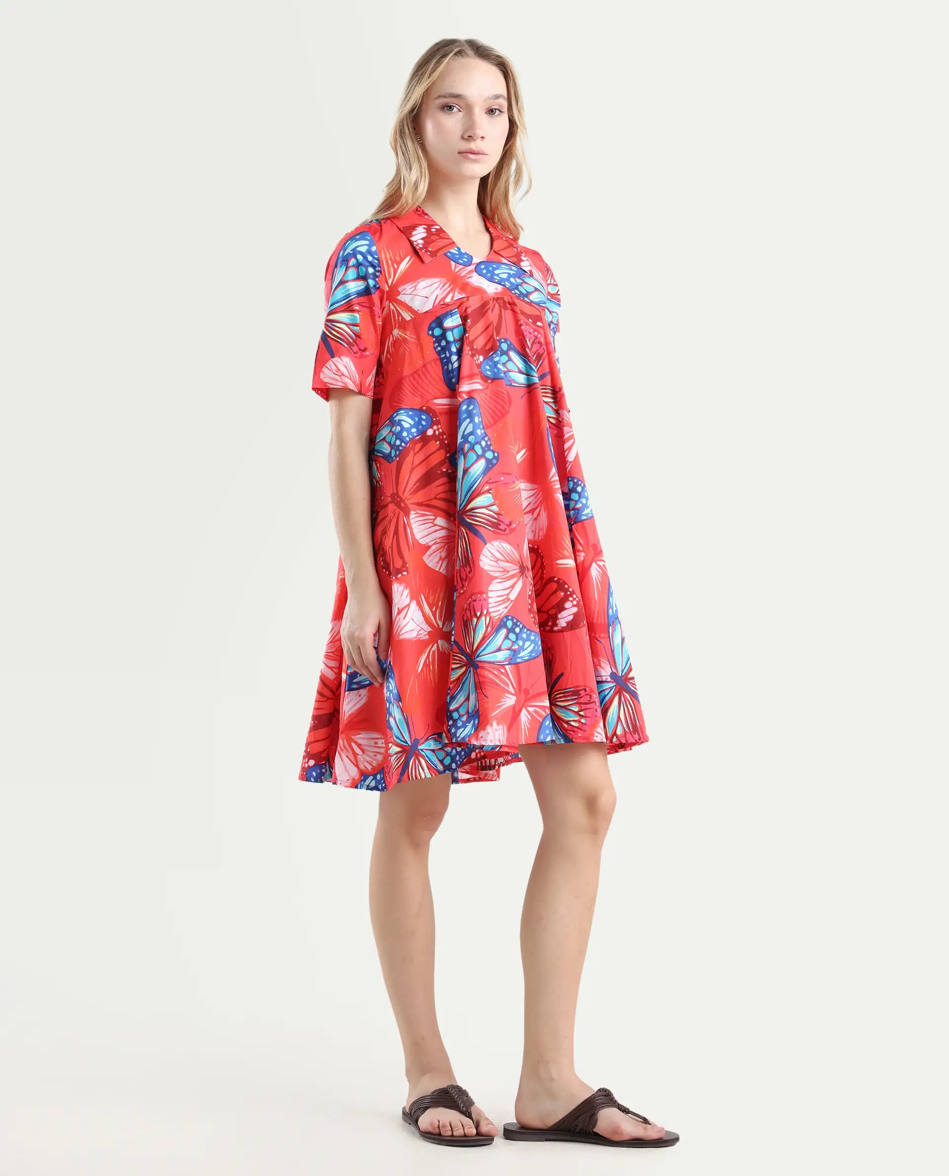 Rareism Women's Payne Multi Cotton Crew Neck Graphic Print Knee Length Fit And Flare Dress