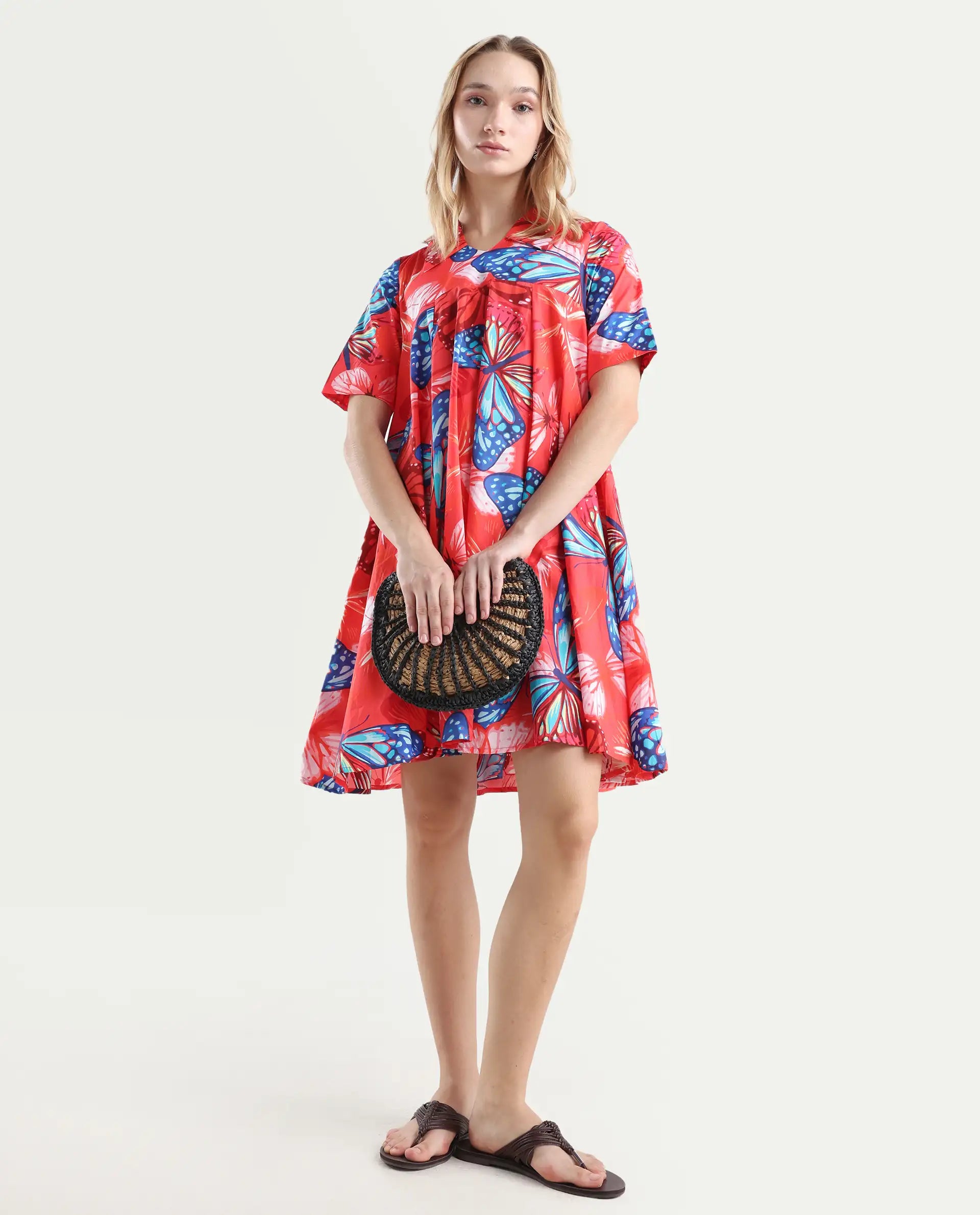 Rareism Women's Payne Multi Cotton Crew Neck Graphic Print Knee Length Fit And Flare Dress