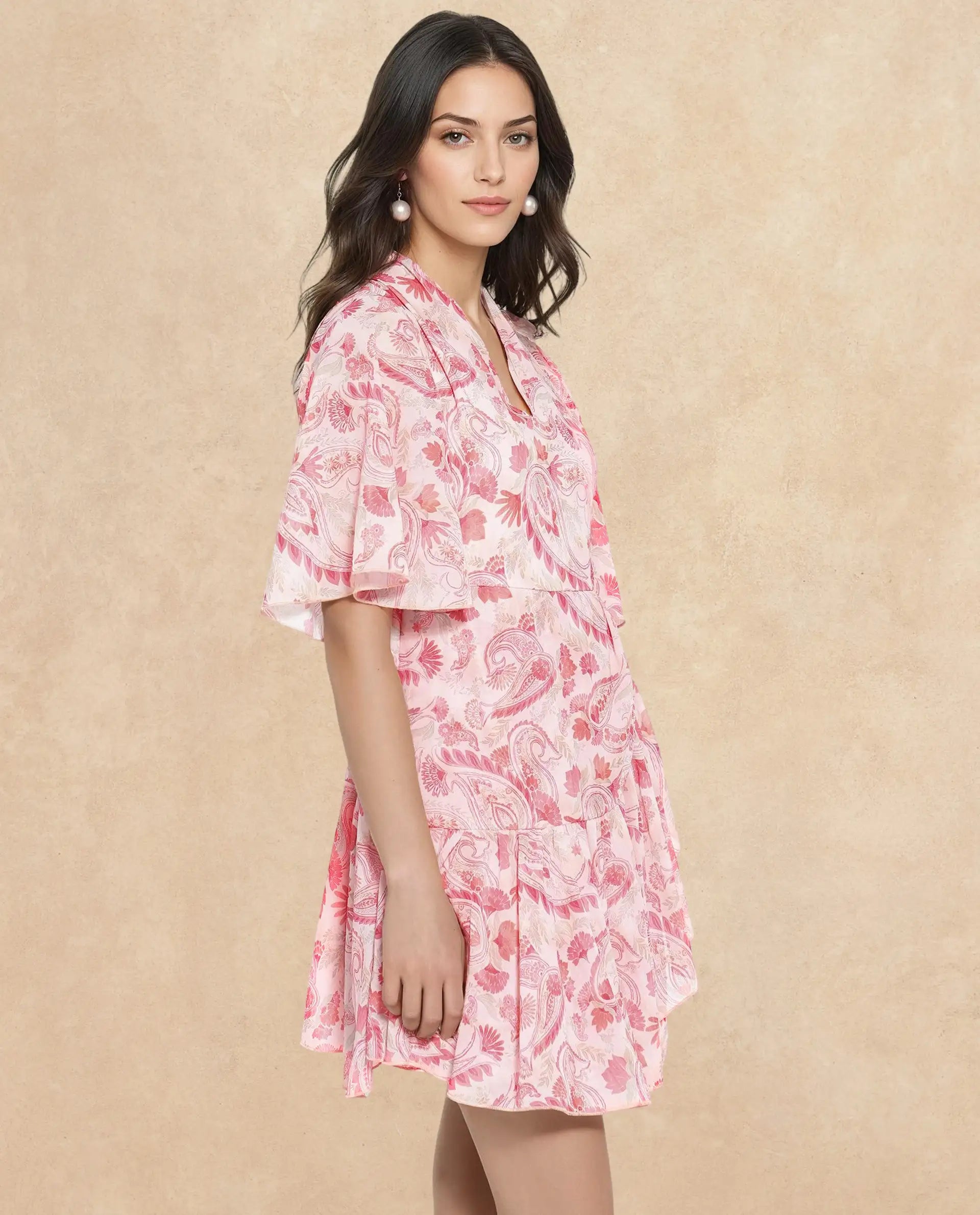 Rareism Women Pazia Light Multi Zipper Closure Bell Sleeves V-Neck Fit And Flare Paisley Print Mini Dress