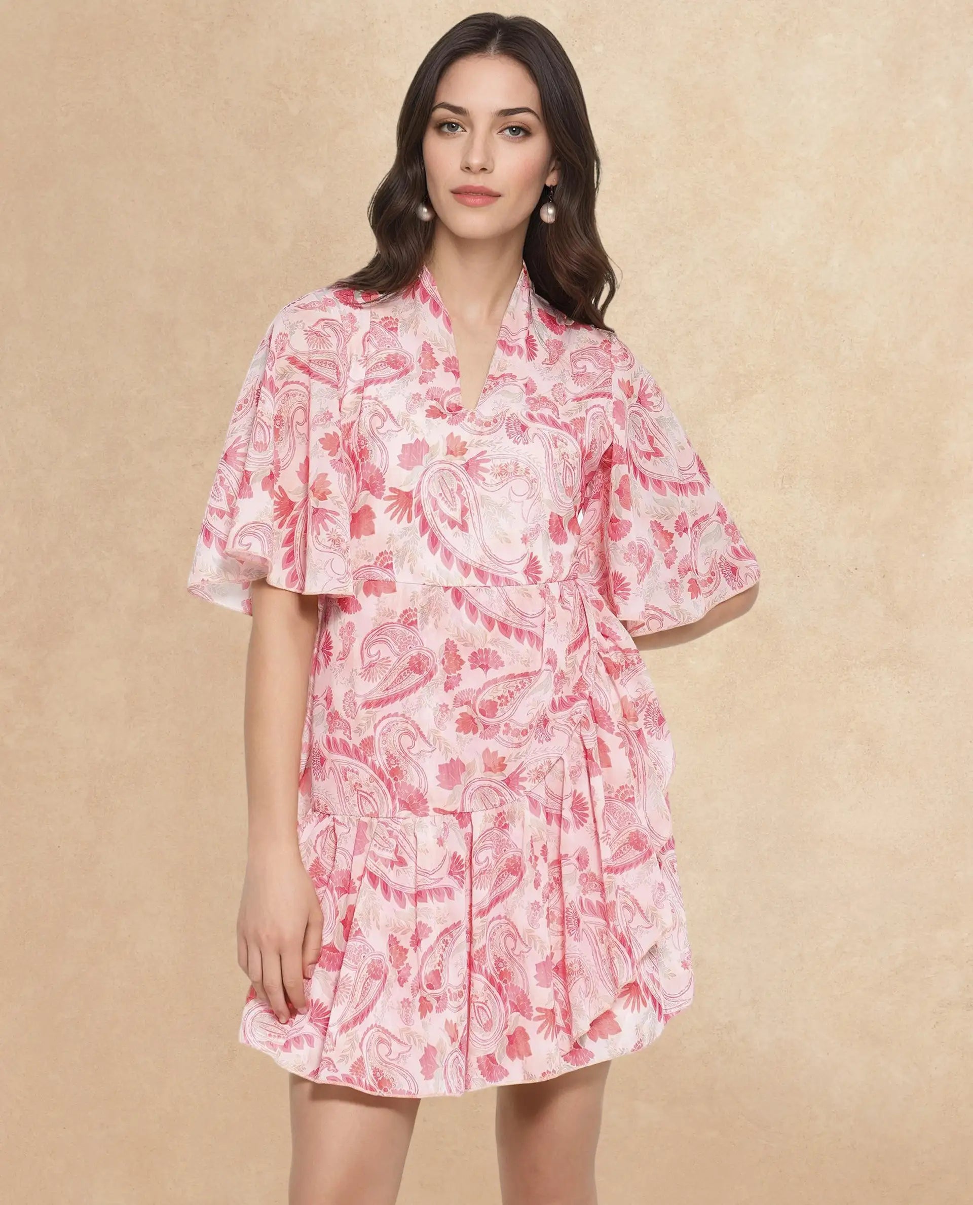 Rareism Women Pazia Light Multi Zipper Closure Bell Sleeves V-Neck Fit And Flare Paisley Print Mini Dress