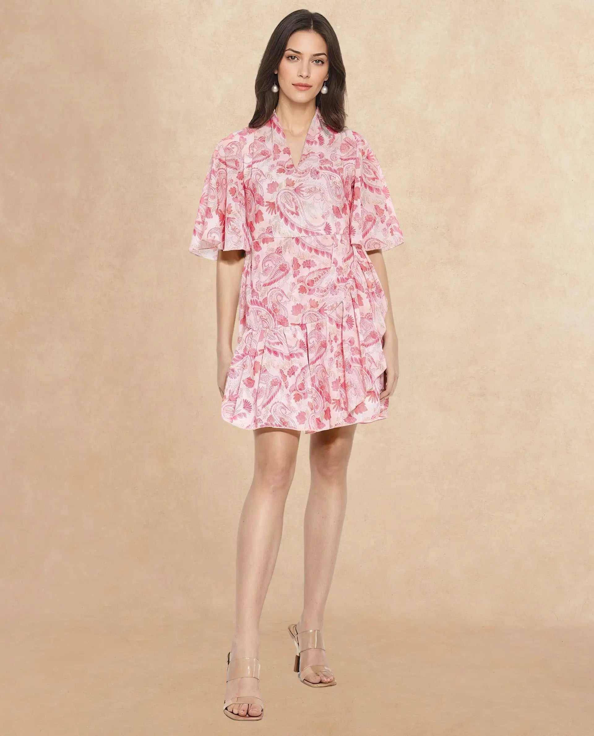 Rareism Women Pazia Light Multi Zipper Closure Bell Sleeves V-Neck Fit And Flare Paisley Print Mini Dress