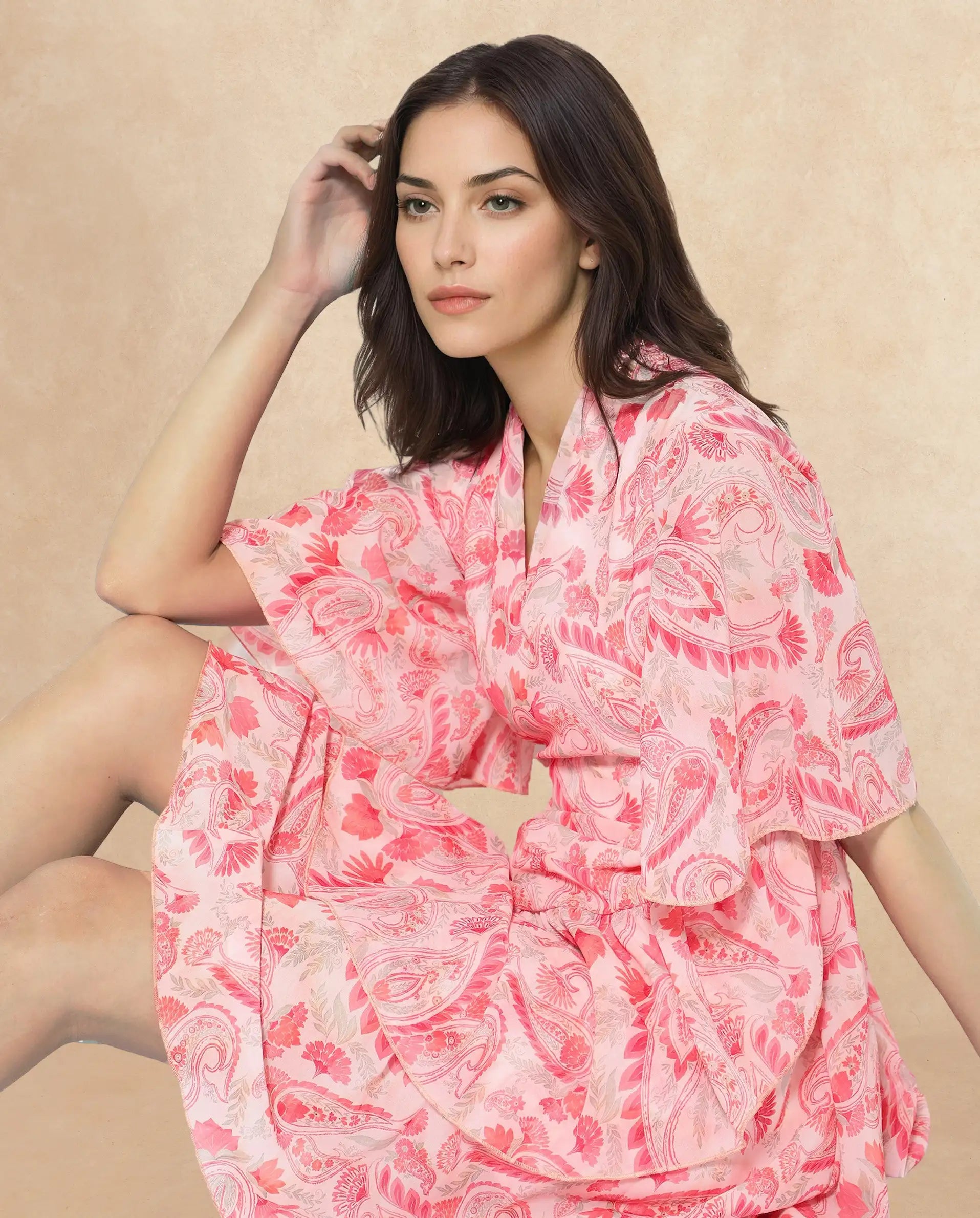 Rareism Women Pazia Light Multi Zipper Closure Bell Sleeves V-Neck Fit And Flare Paisley Print Mini Dress