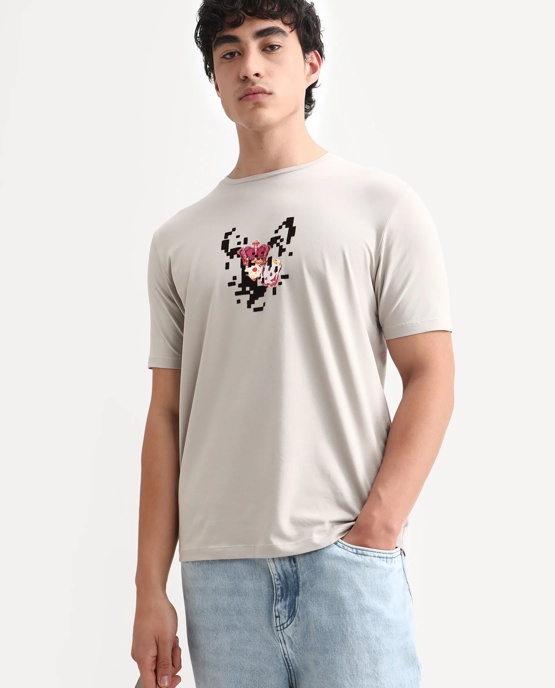 Rare Rabbit Men's Pazo Light Grey Cotton Blend Graphic Print Regular Fit Half Sleeve Crew Neck T-Shirt