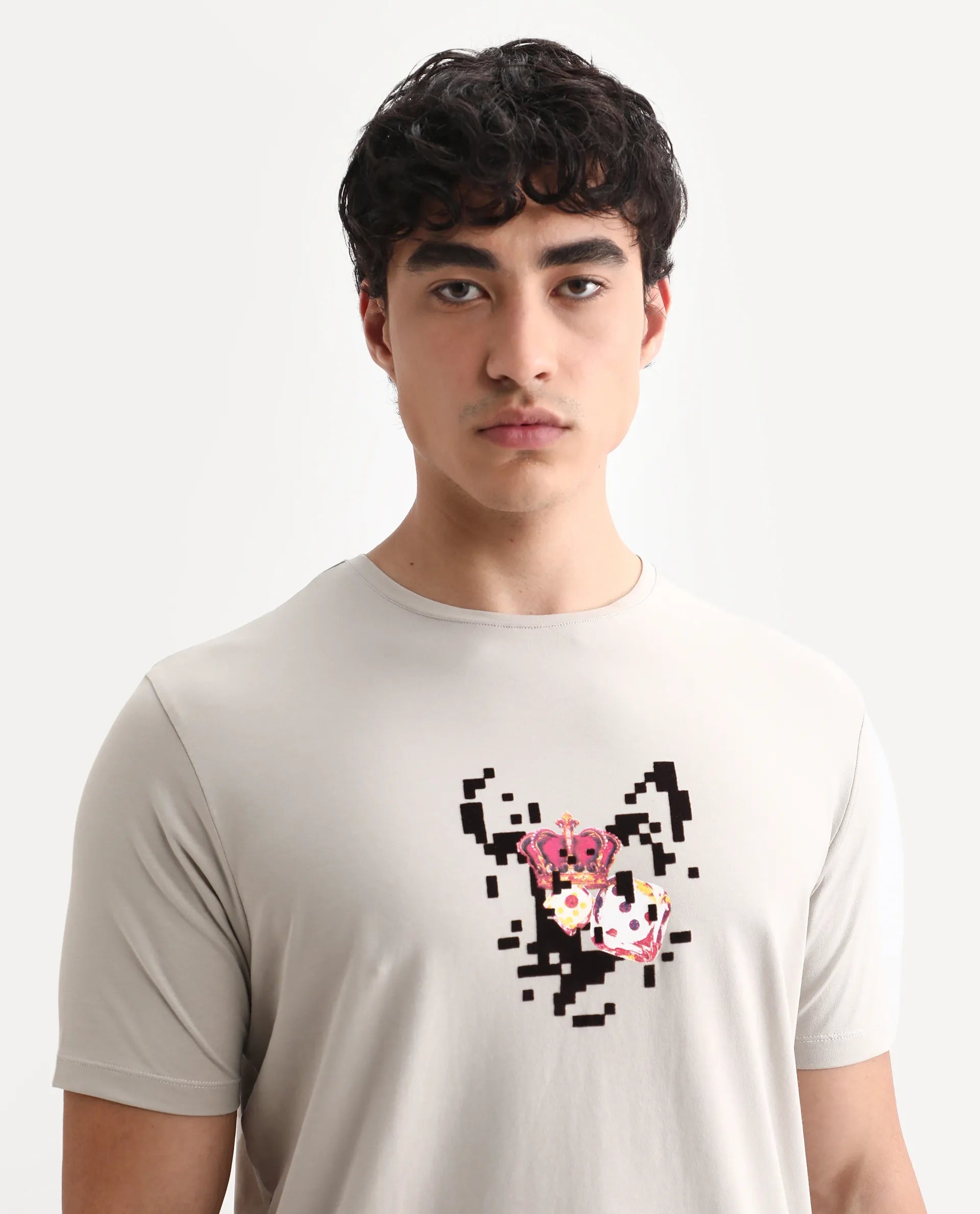 Rare Rabbit Men's Pazo Light Grey Cotton Blend Graphic Print Regular Fit Half Sleeve Crew Neck T-Shirt