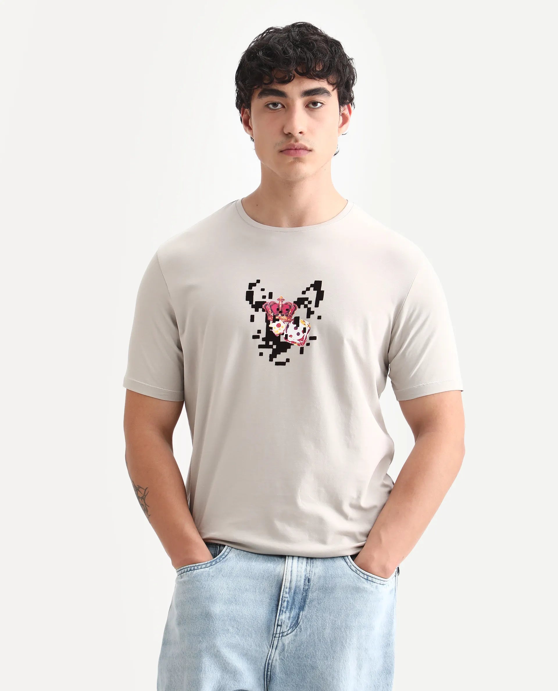 Rare Rabbit Men's Pazo Light Grey Cotton Blend Graphic Print Regular Fit Half Sleeve Crew Neck T-Shirt