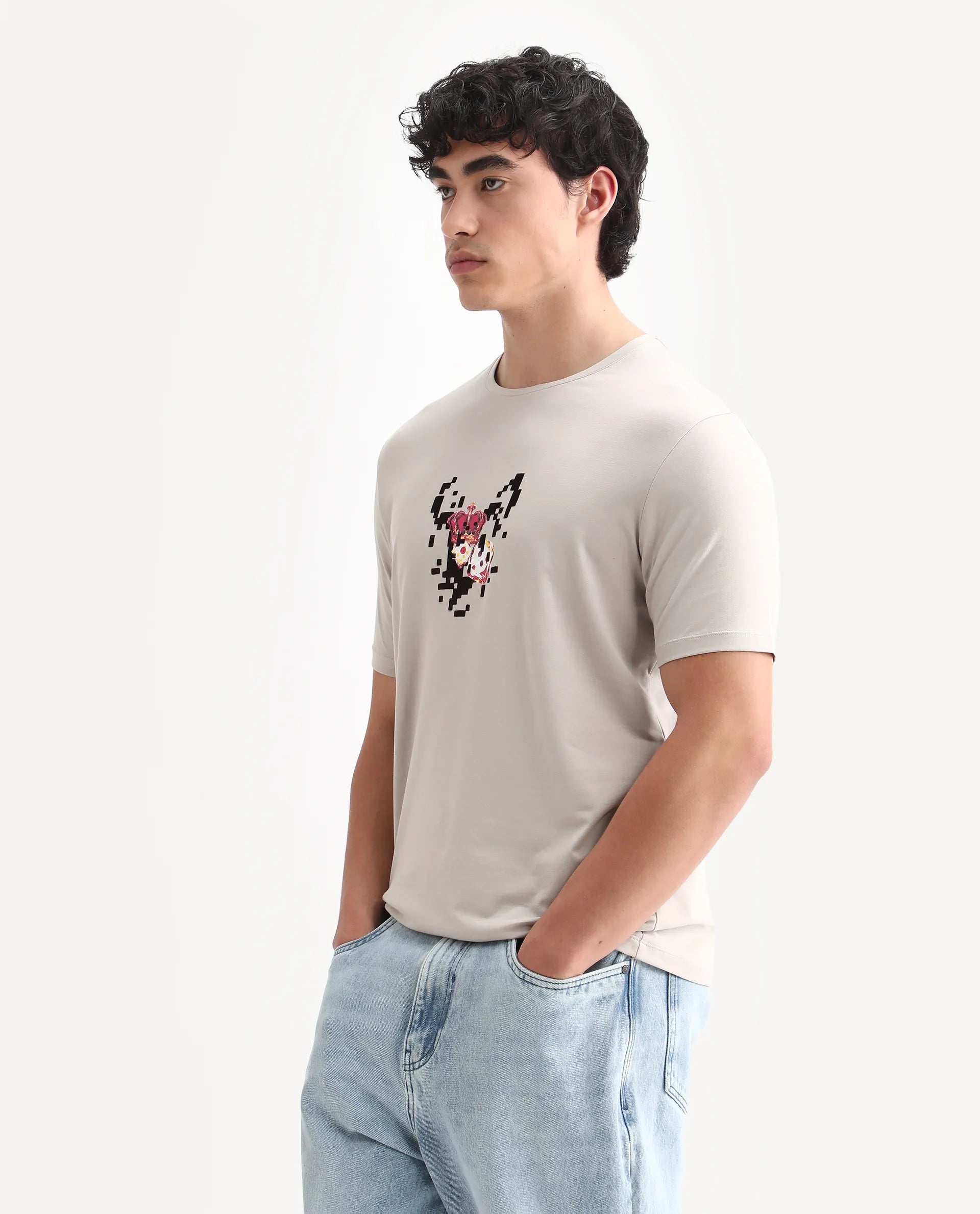 Rare Rabbit Men's Pazo Light Grey Cotton Blend Graphic Print Regular Fit Half Sleeve Crew Neck T-Shirt