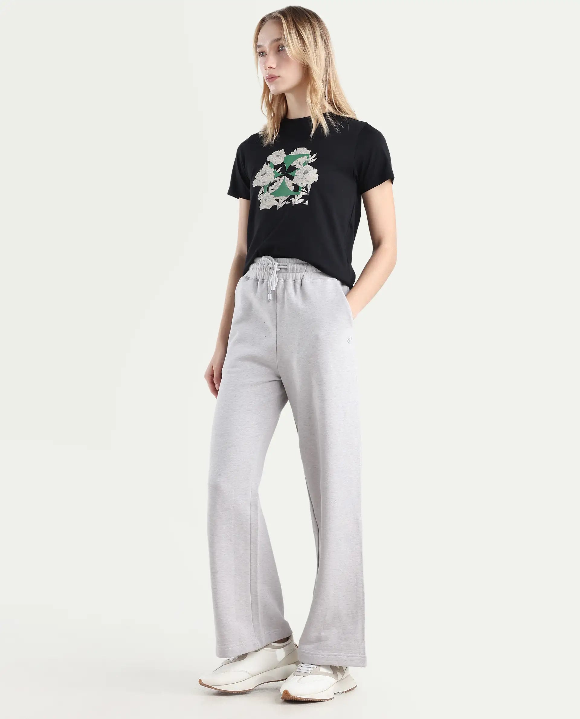 Rareism Women's Pazoo F Melange Grey Cotton Blend Plain Ankle Length Flared Track Pant