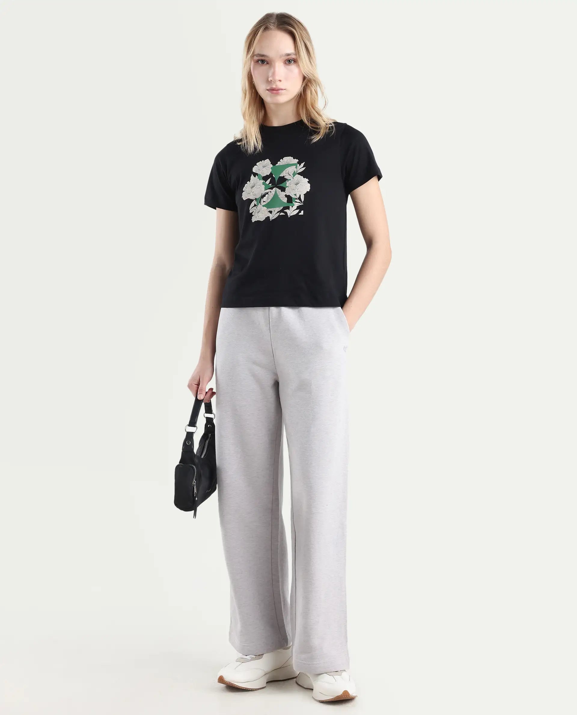 Rareism Women's Pazoo F Melange Grey Cotton Blend Plain Ankle Length Flared Track Pant