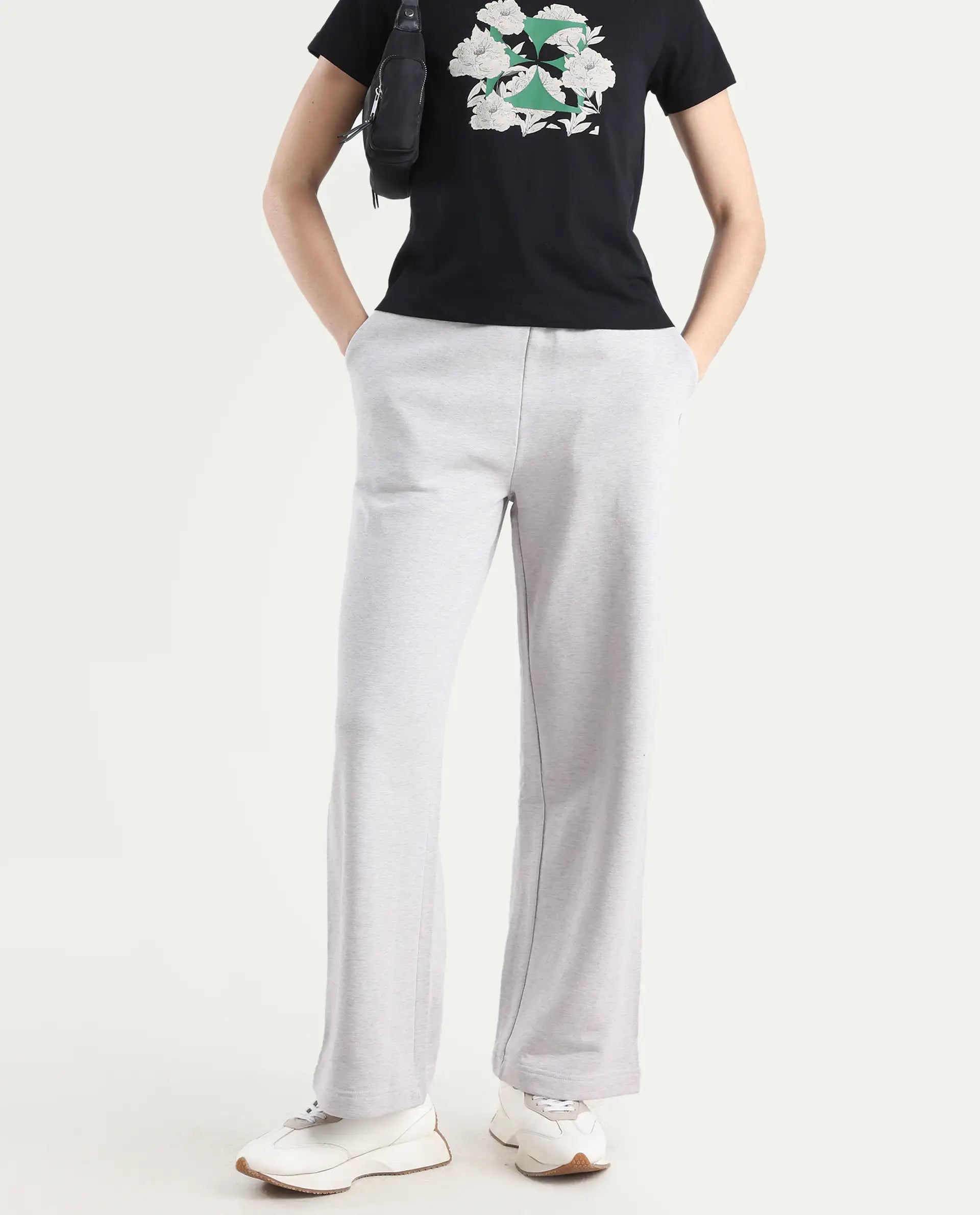 Rareism Women's Pazoo F Melange Grey Cotton Blend Plain Ankle Length Flared Track Pant