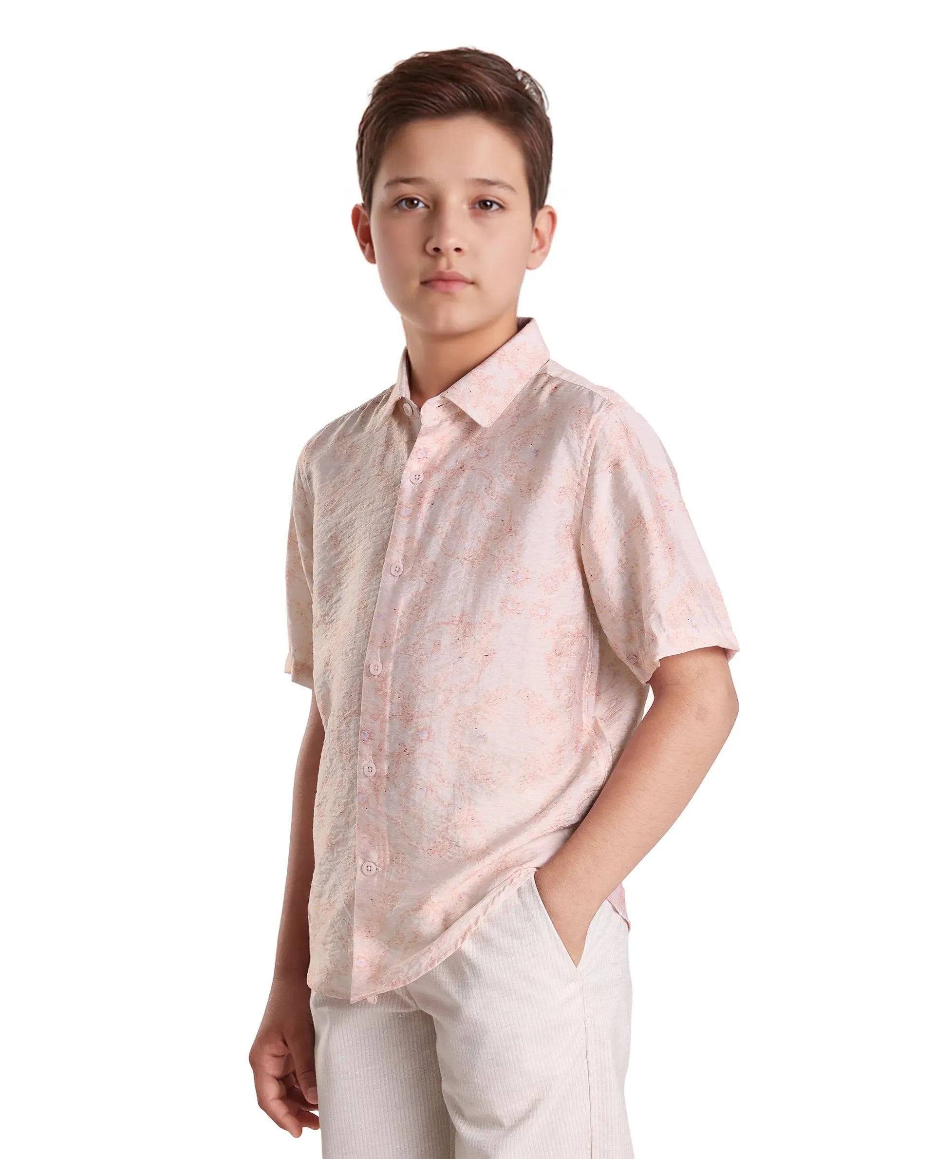 Rare Ones Kids Pel Dusky Pink Viscose Blend Printed Button Closure Regular Fit Shirt