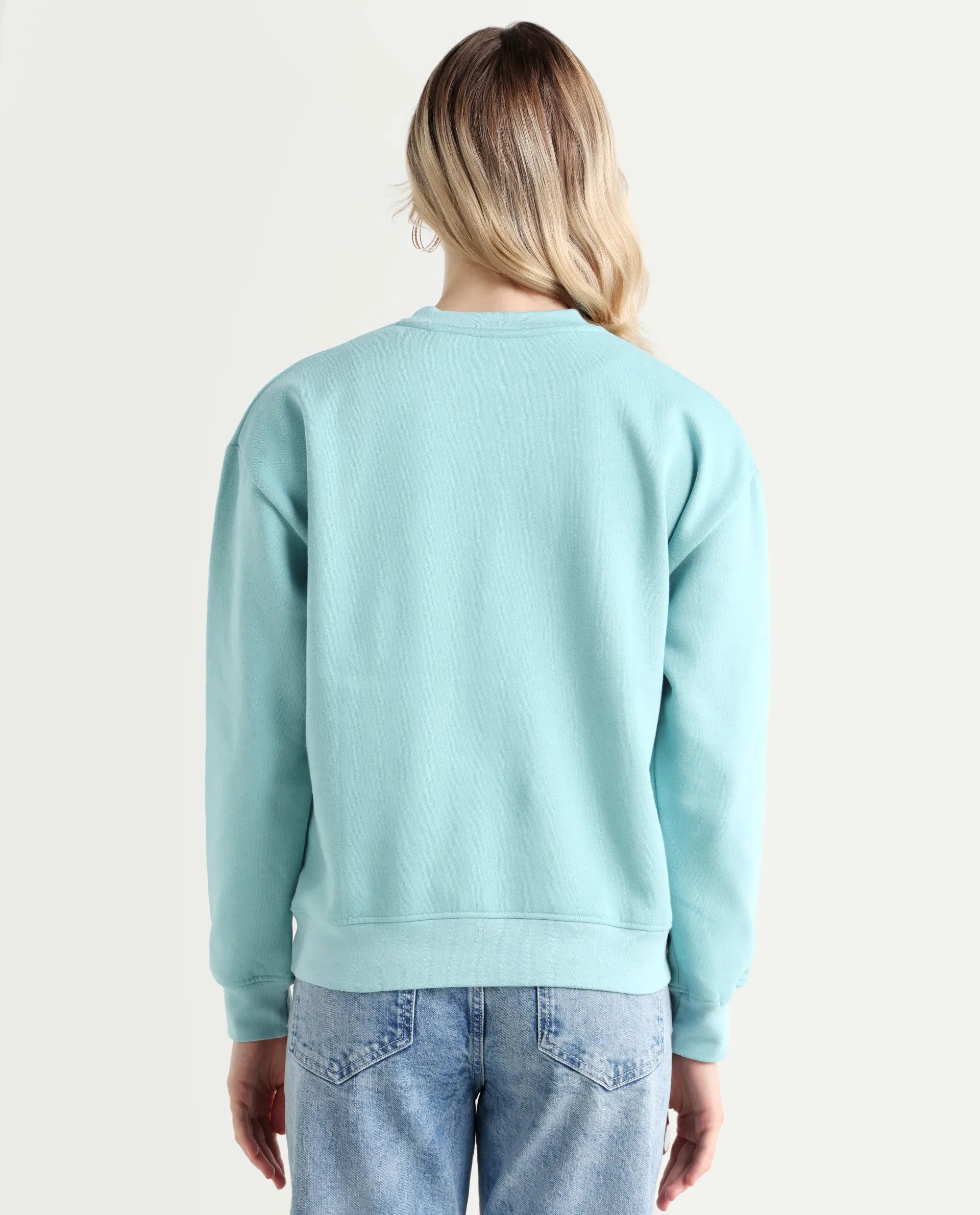 Rareism Women's Pelso Turq Polyester Blend Ribbed Collar Plain Cuffed Sleeve Relaxed Fit Sweatshirt