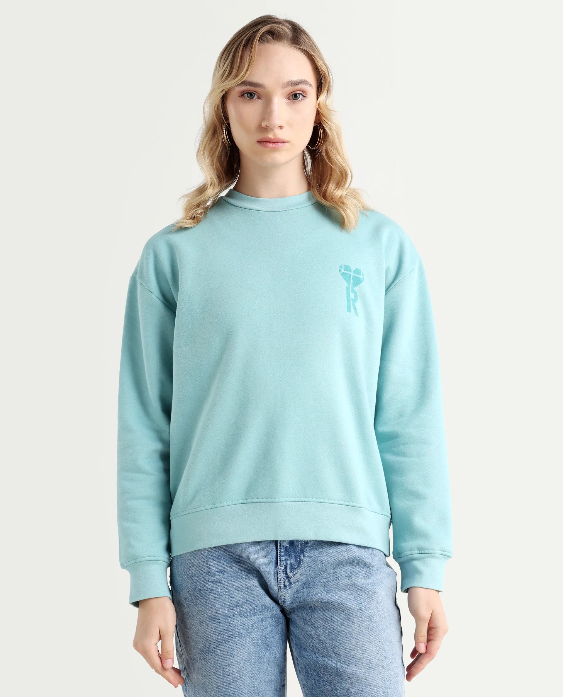 Rareism Women's Pelso Turq Polyester Blend Ribbed Collar Plain Cuffed Sleeve Relaxed Fit Sweatshirt