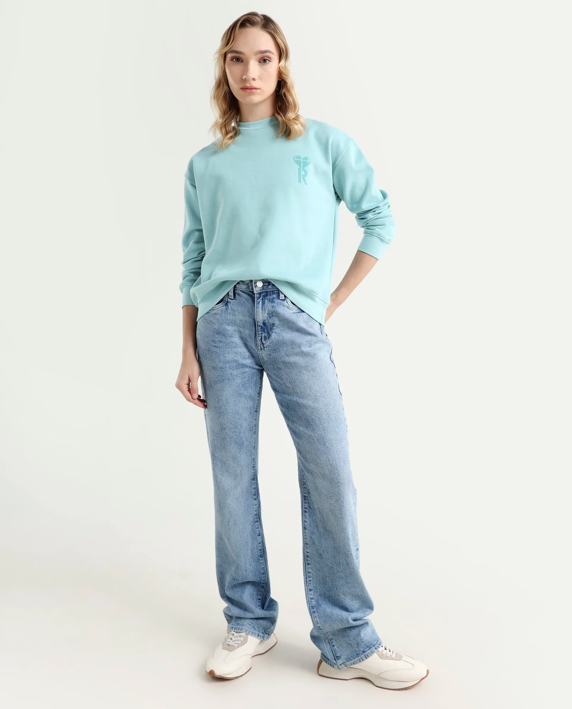 Rareism Women's Pelso Turq Polyester Blend Ribbed Collar Plain Cuffed Sleeve Relaxed Fit Sweatshirt